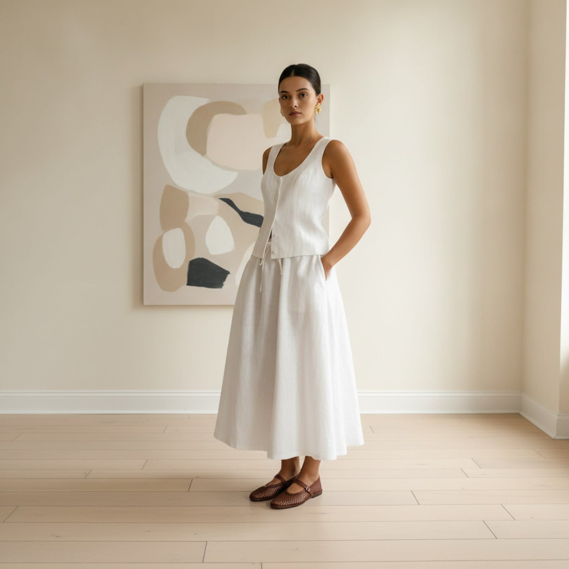 Linen Skirt Set, Scoop Neck Linen Vest And Drawstring Maxi Skirt