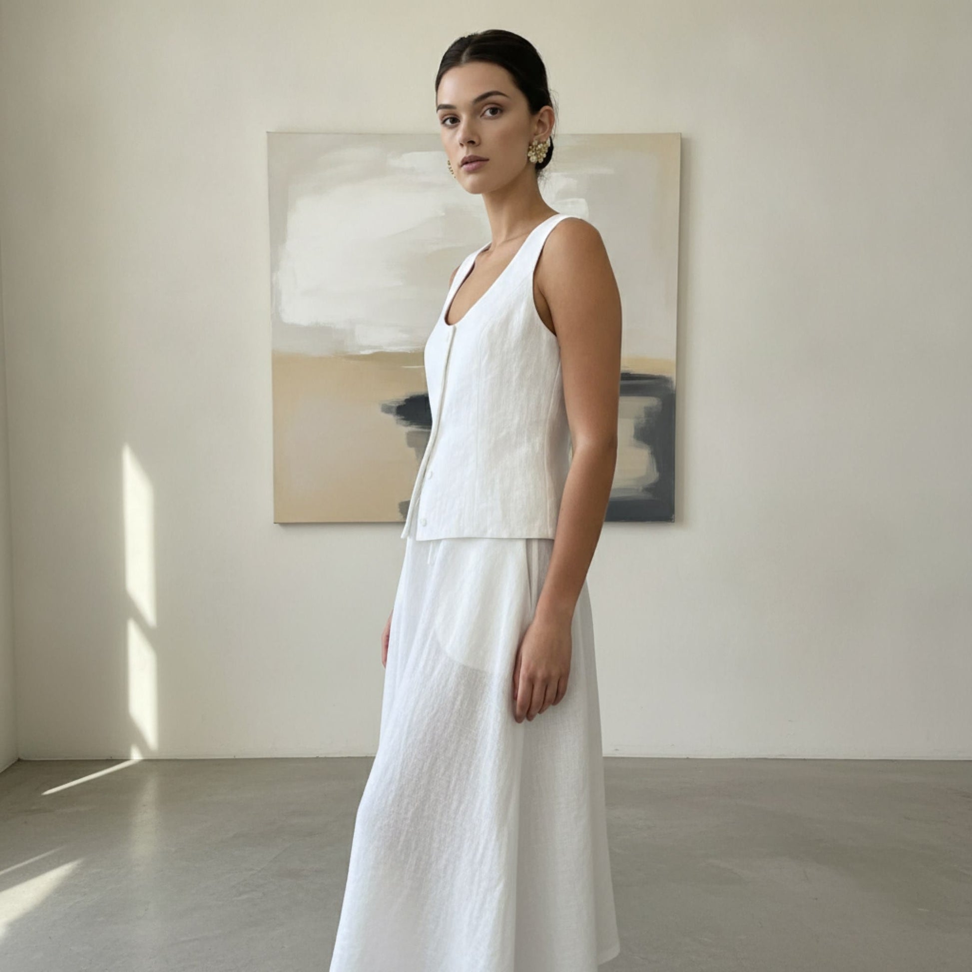 Linen Skirt Set, Scoop Neck Linen Vest And Drawstring Maxi Skirt