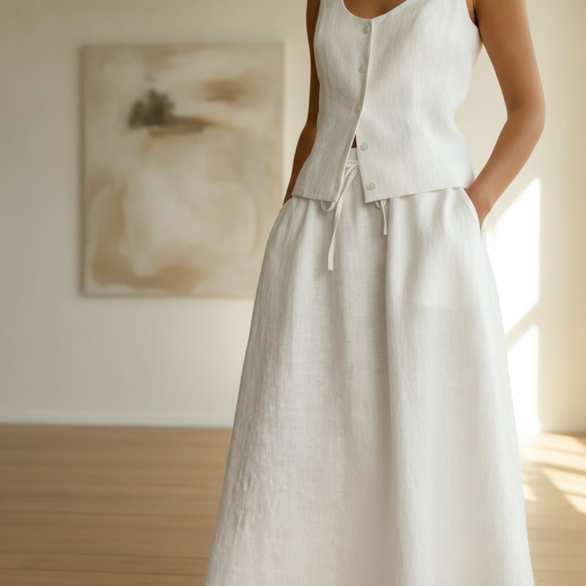 Linen Skirt Set, Scoop Neck Linen Vest And Drawstring Maxi Skirt