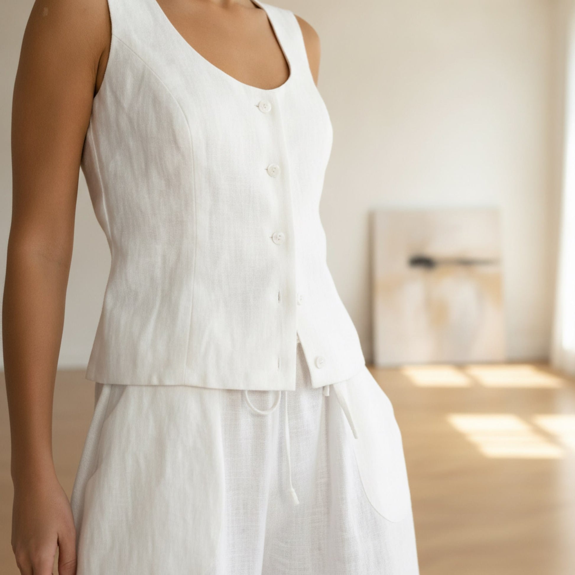 Linen Skirt Set, Scoop Neck Linen Vest And Drawstring Maxi Skirt