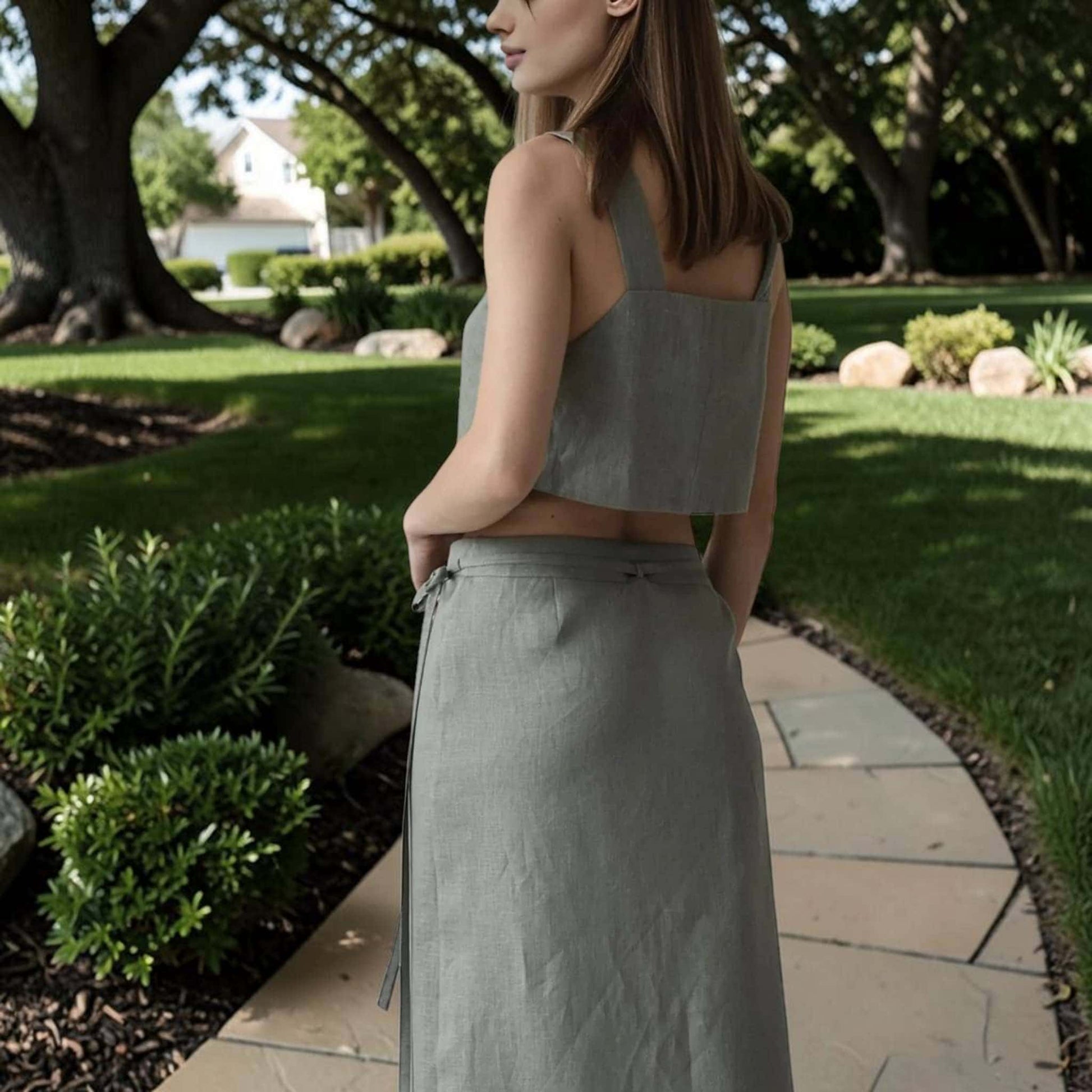 Linen Skirt Set, Sleeveless Crop Top And Side Tie Wrap Maxi Skirt