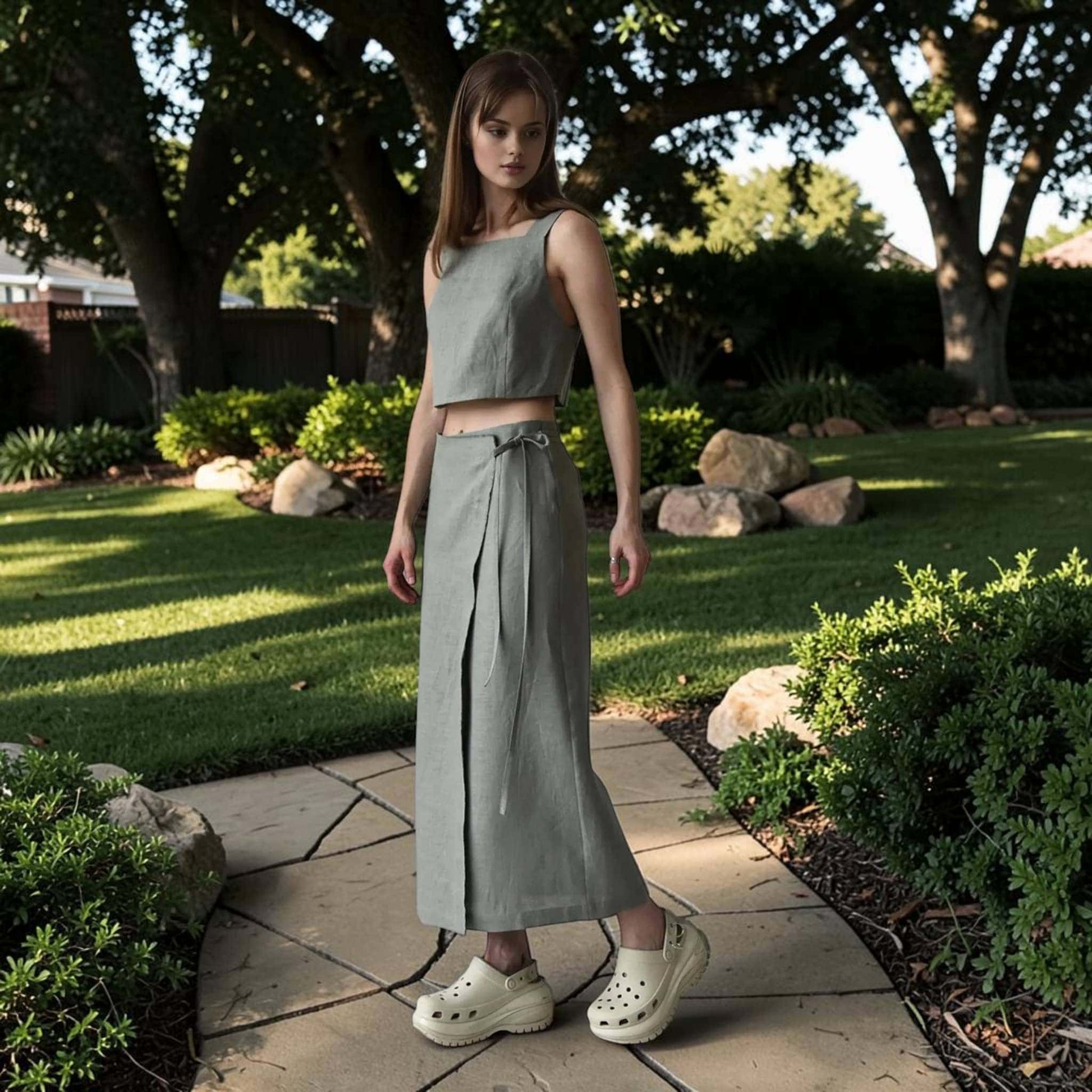 Linen Skirt Set, Sleeveless Crop Top And Side Tie Wrap Maxi Skirt