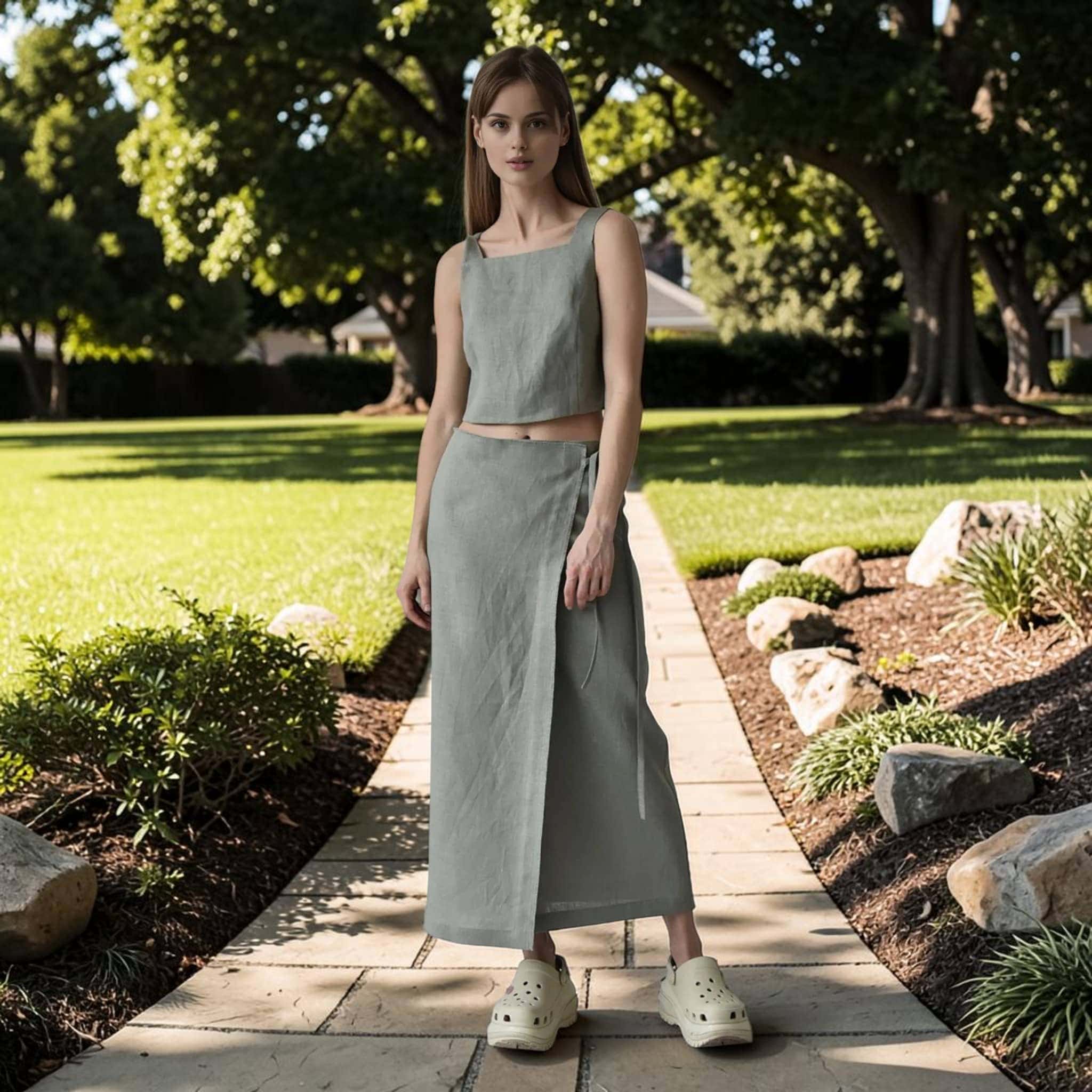 Linen Skirt Set, Sleeveless Crop Top And Side Tie Wrap Maxi Skirt