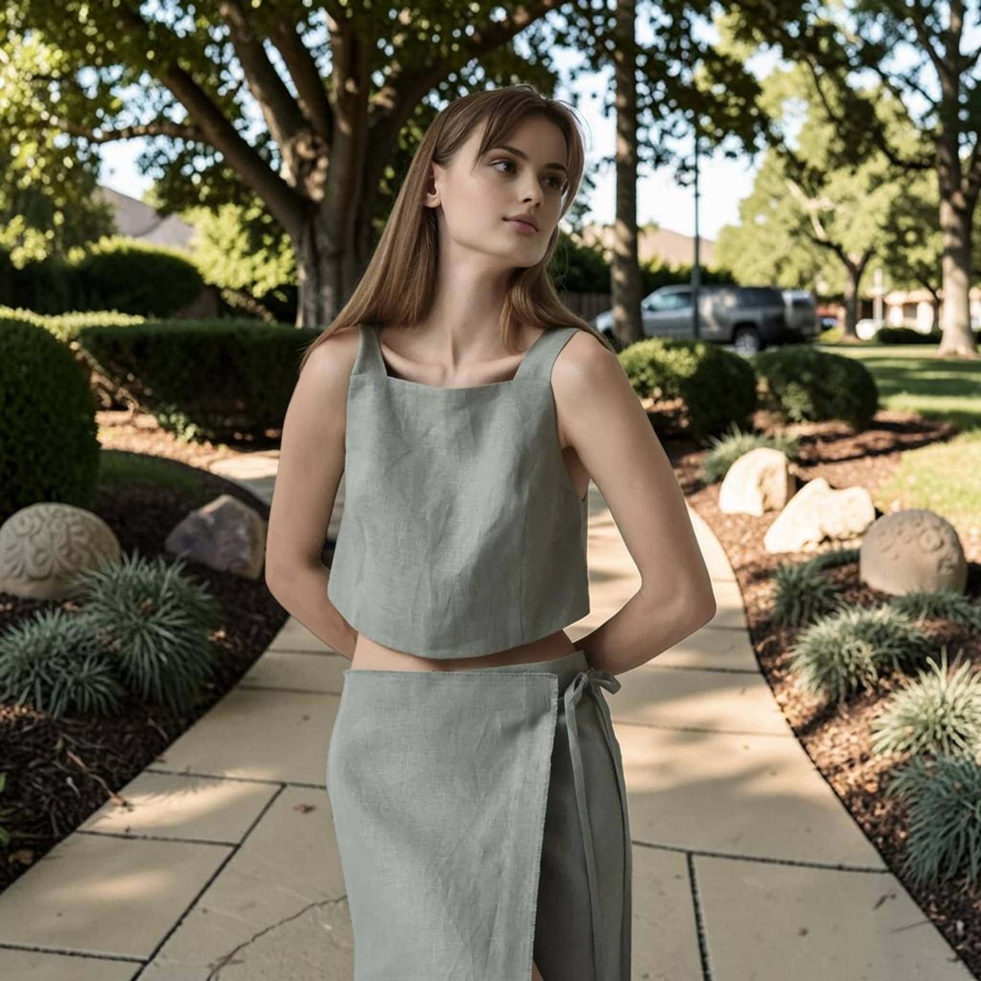 Linen Skirt Set, Sleeveless Crop Top And Side Tie Wrap Maxi Skirt