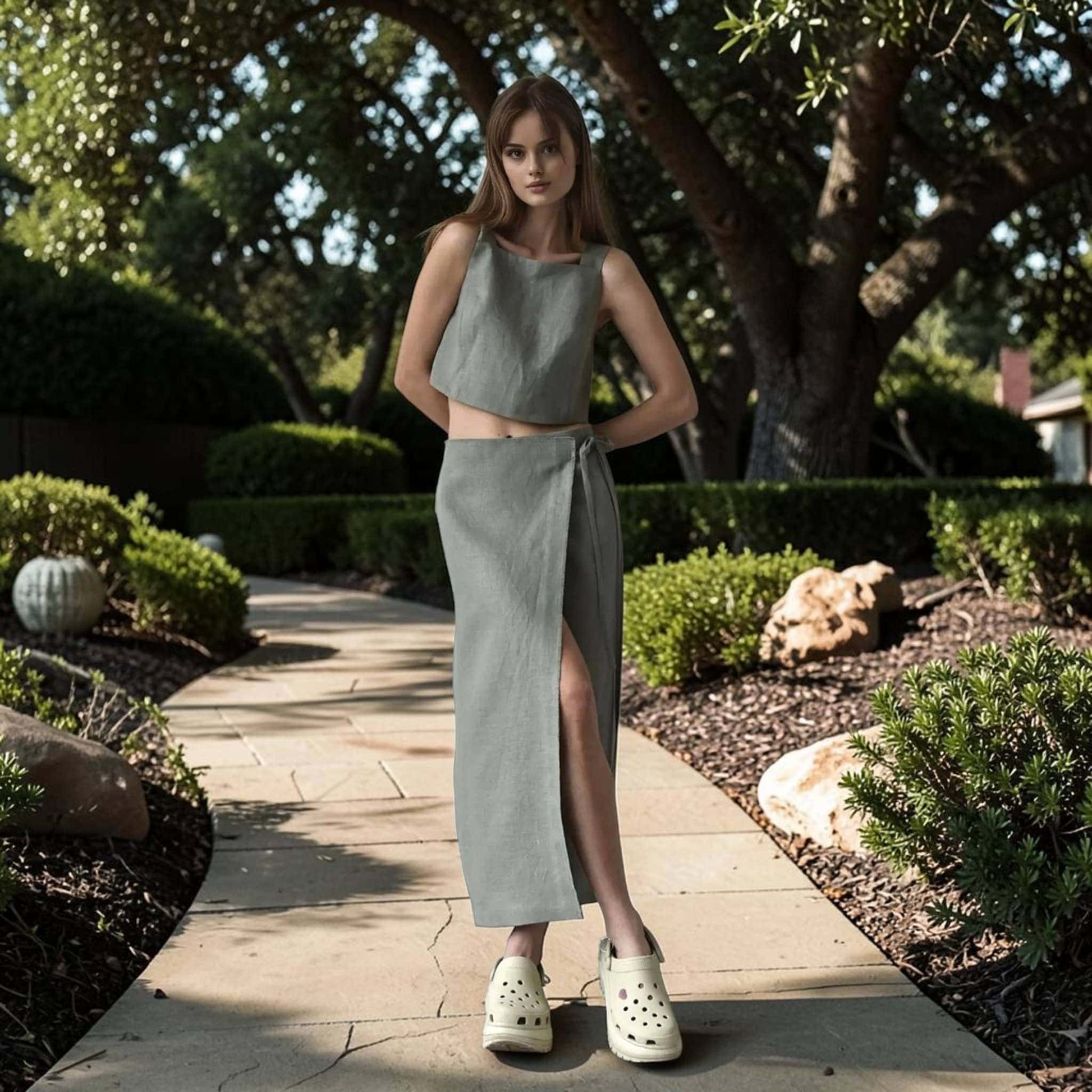 Linen Skirt Set, Sleeveless Crop Top And Side Tie Wrap Maxi Skirt