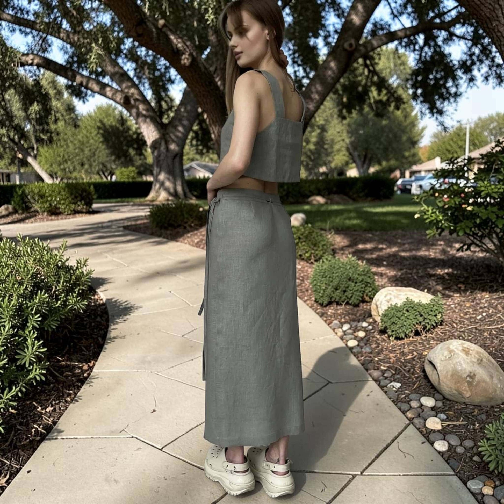 Linen Skirt Set, Sleeveless Crop Top And Side Tie Wrap Maxi Skirt