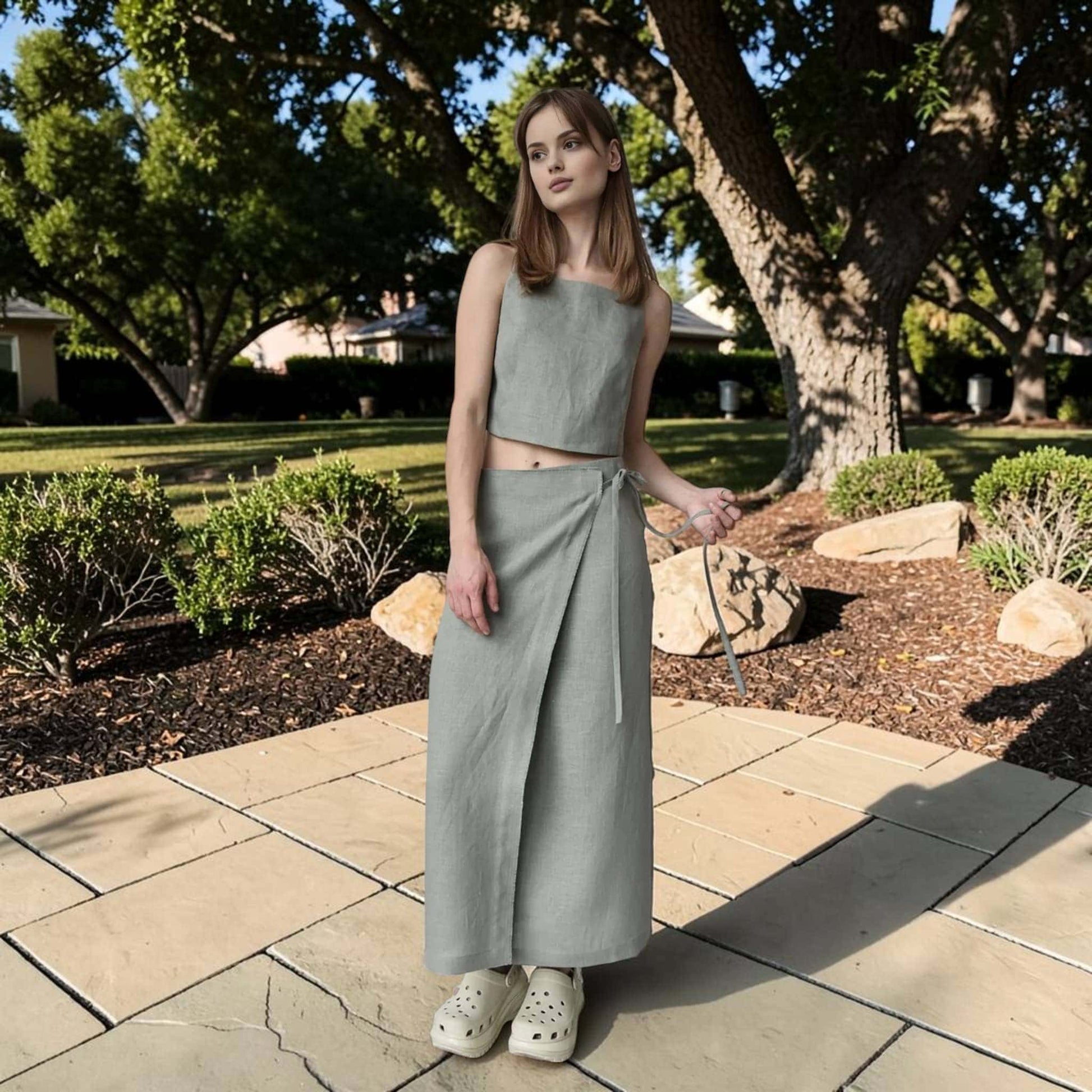 Linen Skirt Set, Sleeveless Crop Top And Side Tie Wrap Maxi Skirt