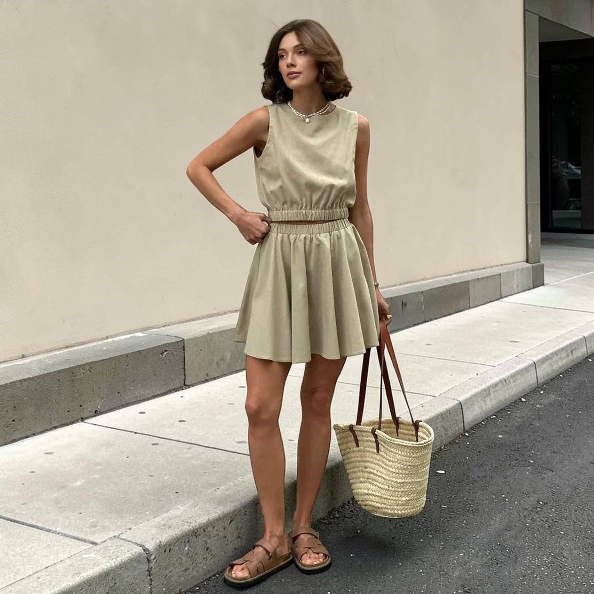 Linen Skirt Set, Sleeveless Linen Crop Top And Flared Mini Skirt