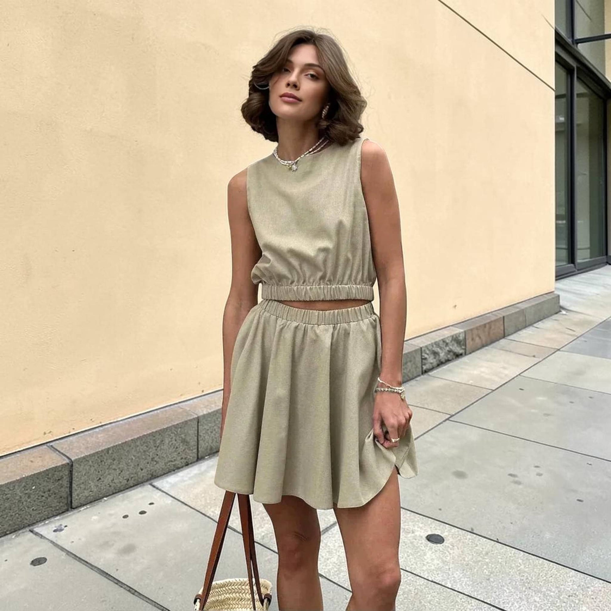 Linen Skirt Set, Sleeveless Linen Crop Top And Flared Mini Skirt