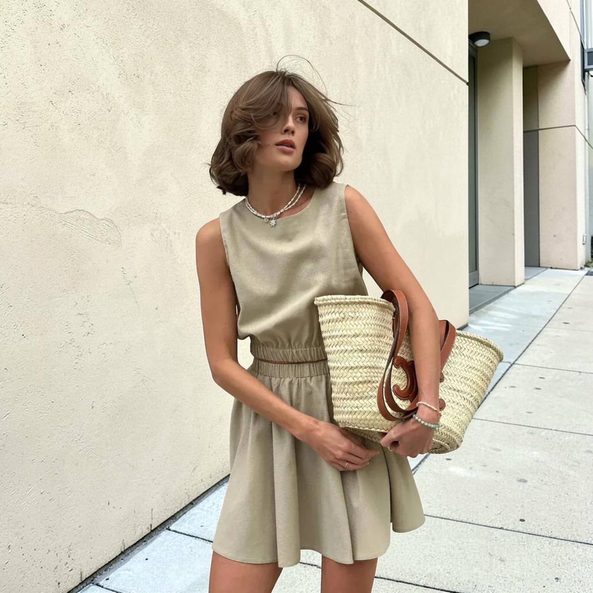 Linen Skirt Set, Sleeveless Linen Crop Top And Flared Mini Skirt