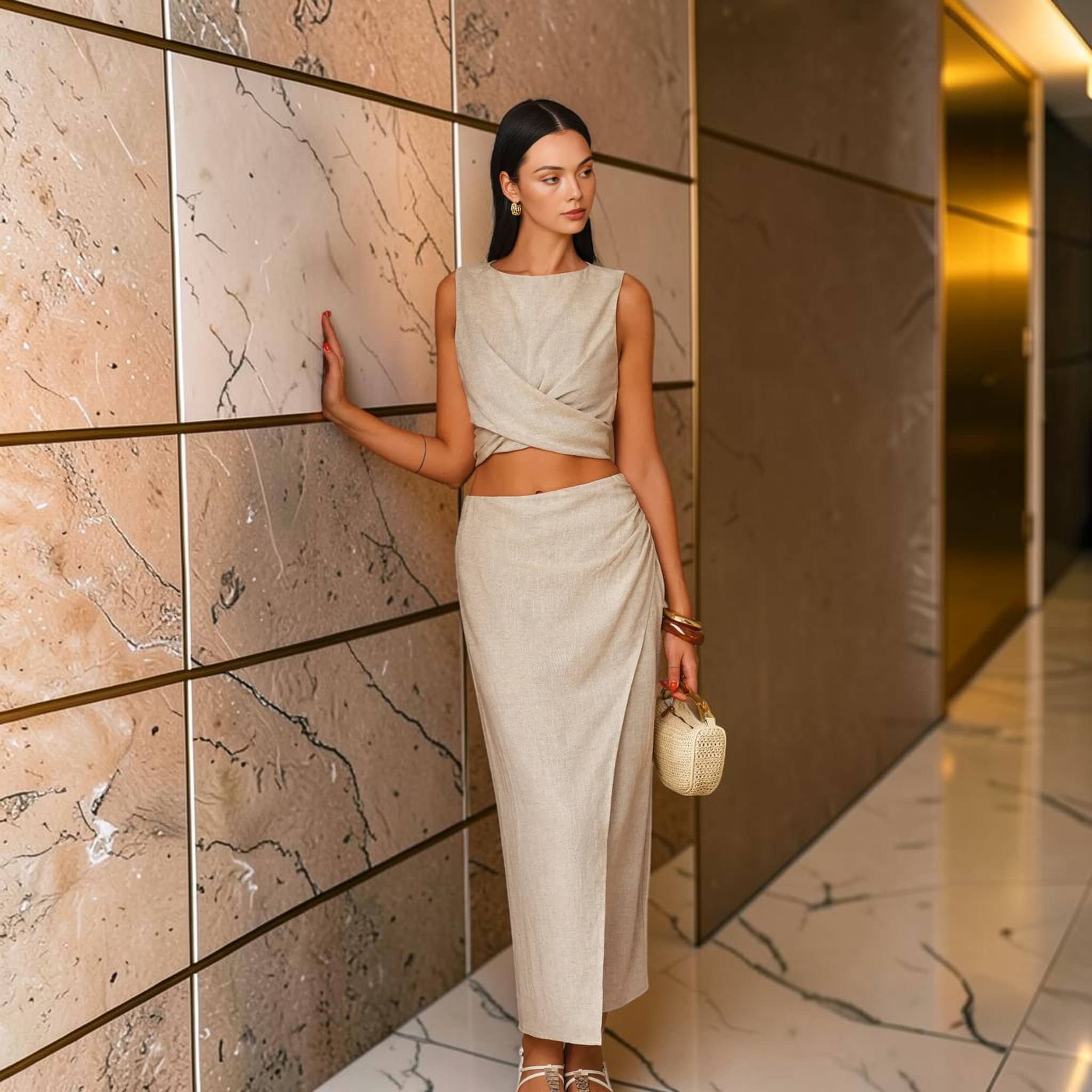 Linen Skirt Set, Sleeveless Wrap Crop Top And High Waisted Maxi Skirt