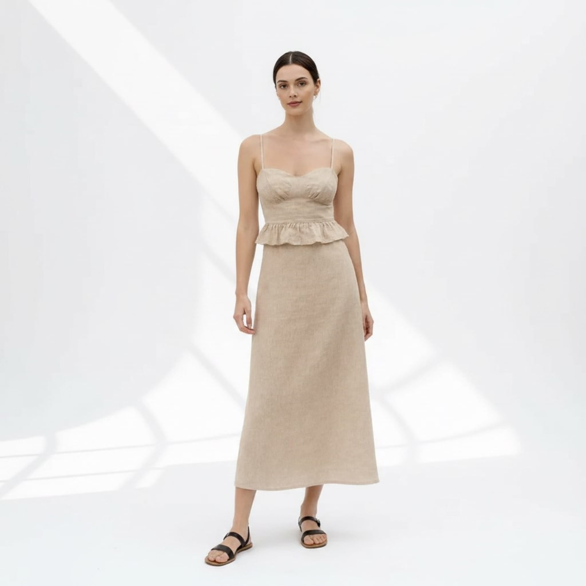 Linen Skirt Set, Spaghetti Straps Crop Top And A-Line Midi Skirt
