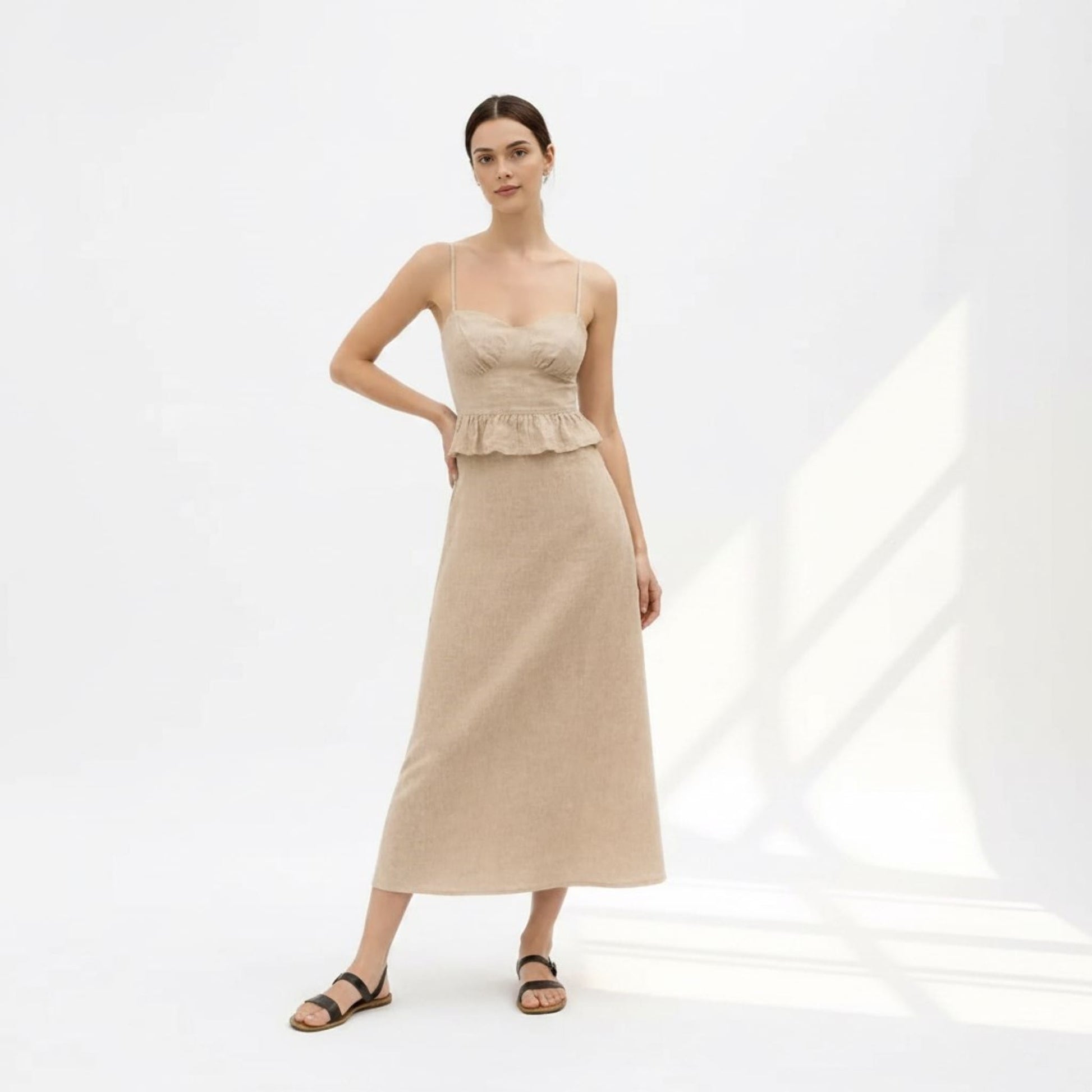 Linen Skirt Set, Spaghetti Straps Crop Top And A-Line Midi Skirt