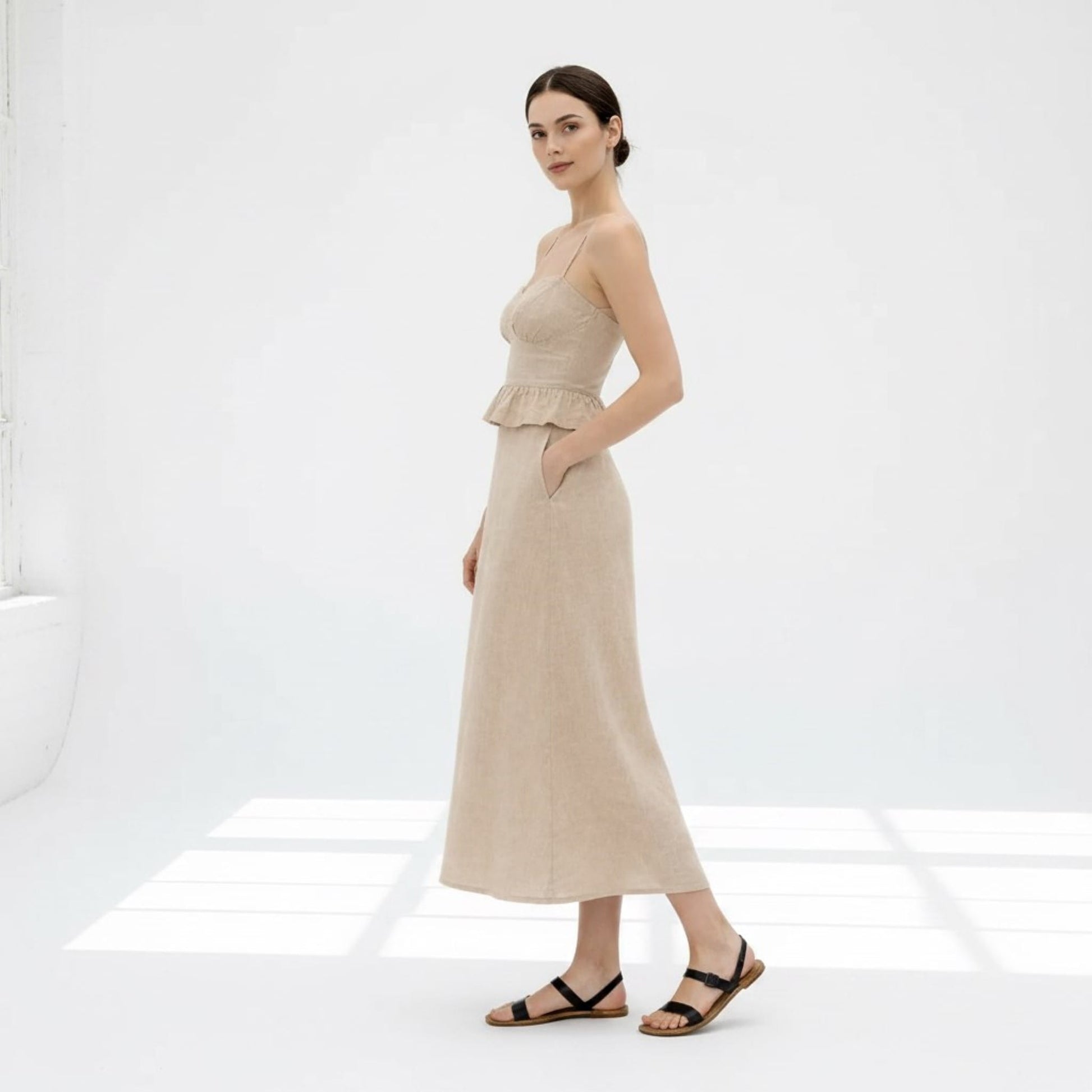Linen Skirt Set, Spaghetti Straps Crop Top And A-Line Midi Skirt