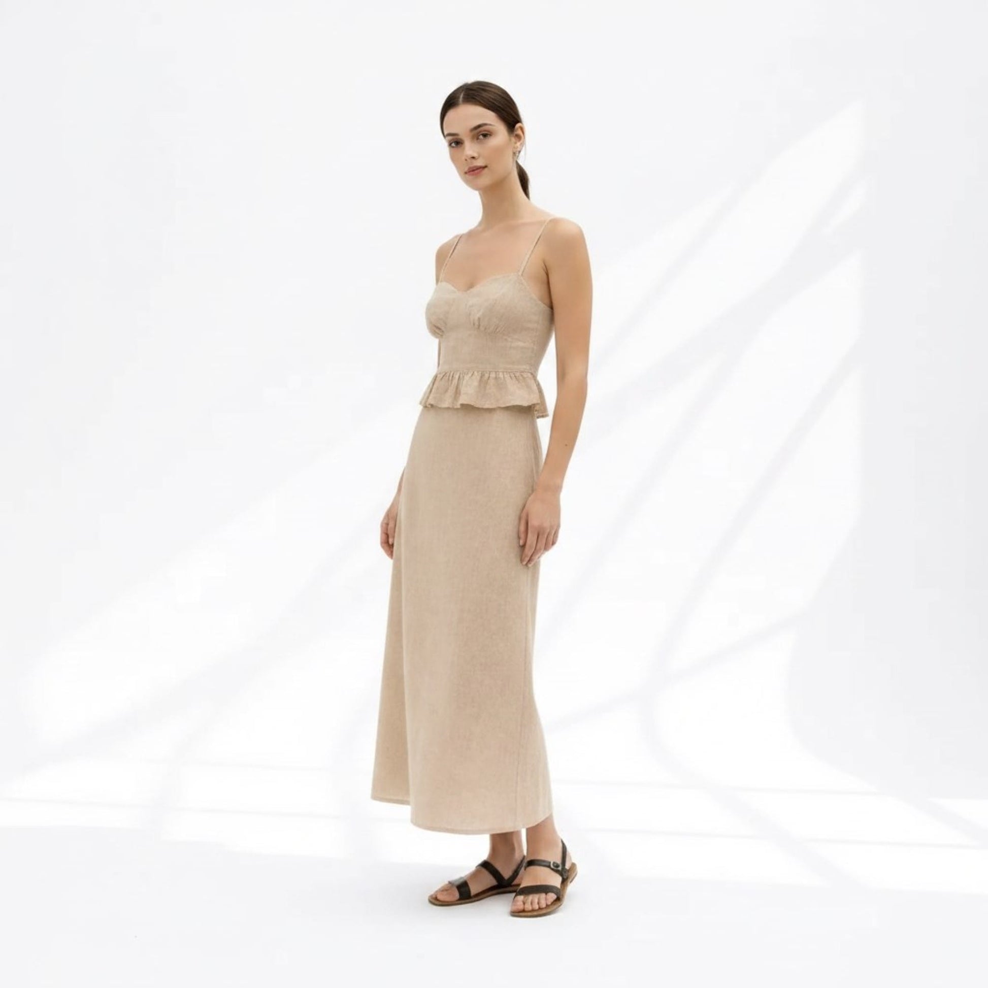 Linen Skirt Set, Spaghetti Straps Crop Top And A-Line Midi Skirt