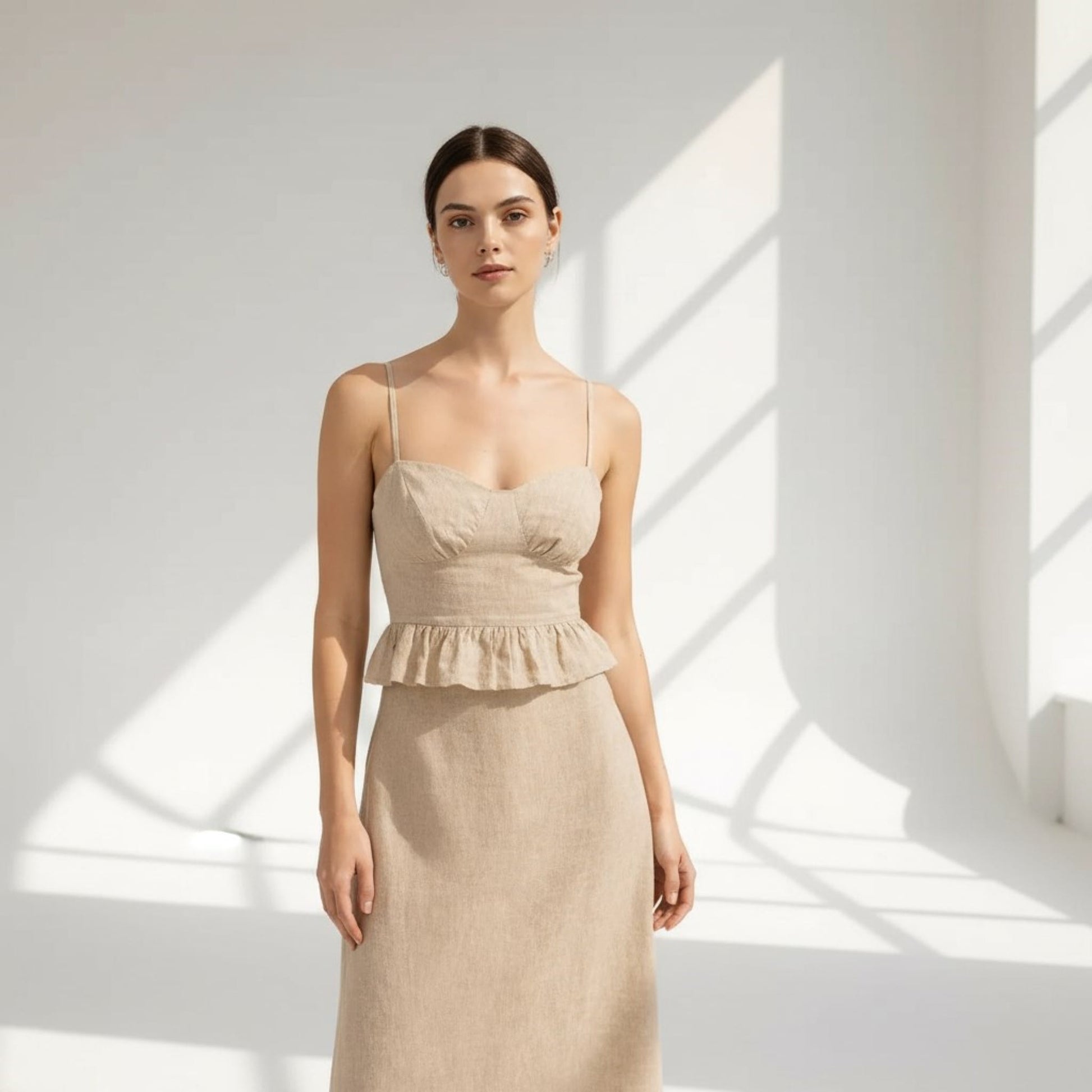 Linen Skirt Set, Spaghetti Straps Crop Top And A-Line Midi Skirt