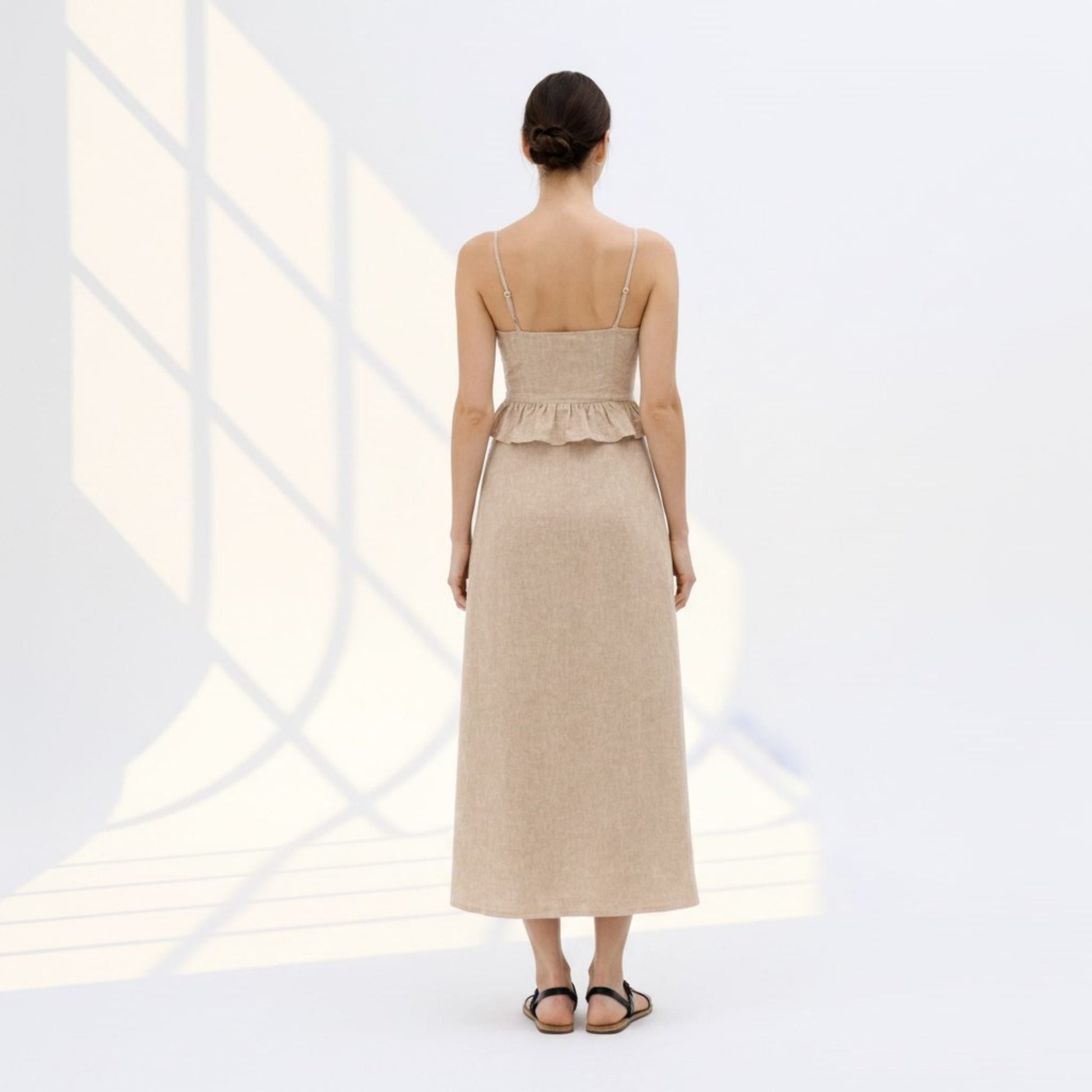 Linen Skirt Set, Spaghetti Straps Crop Top And A-Line Midi Skirt