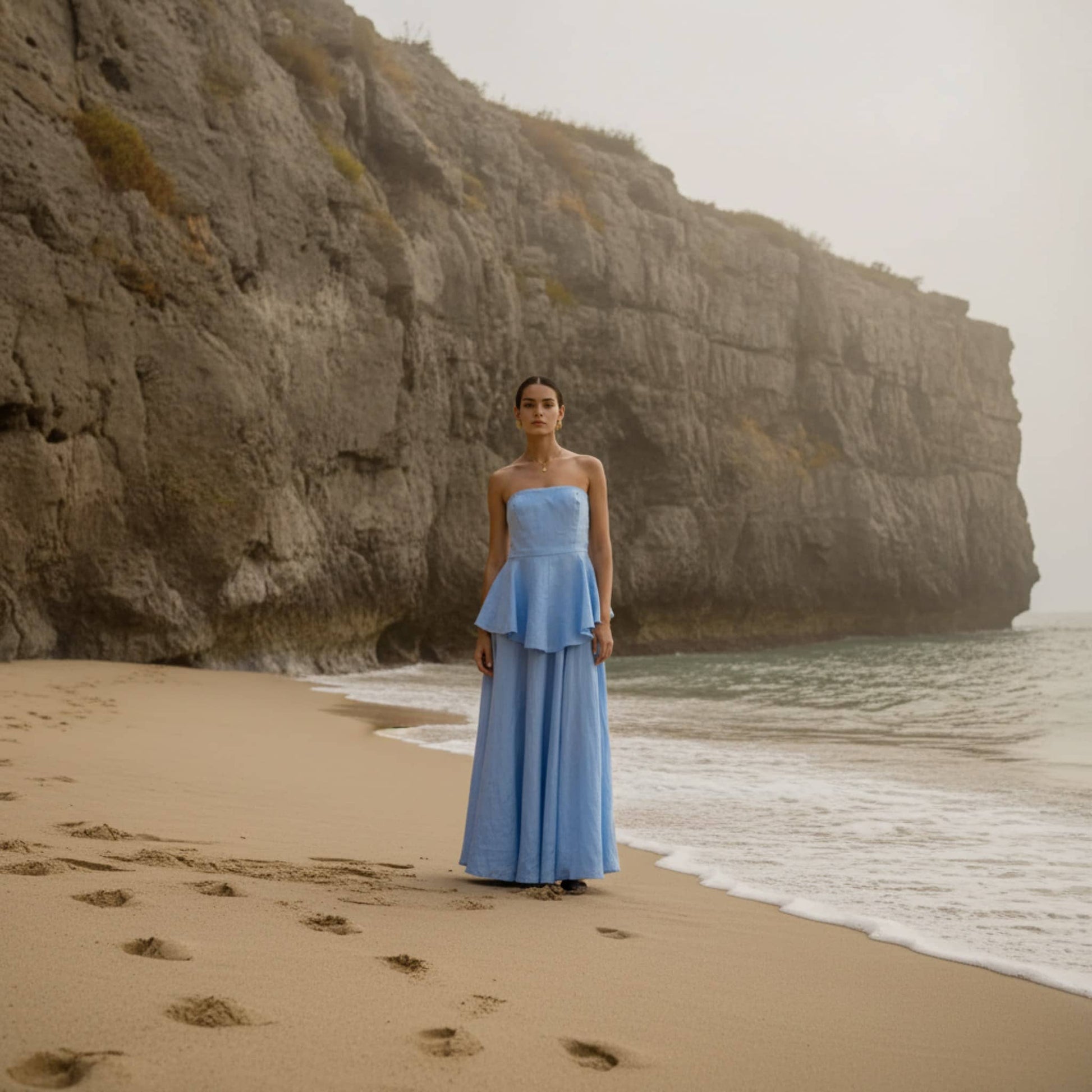 Linen Skirt Set, Strapless Linen Peplum Top And Maxi Skirt Set