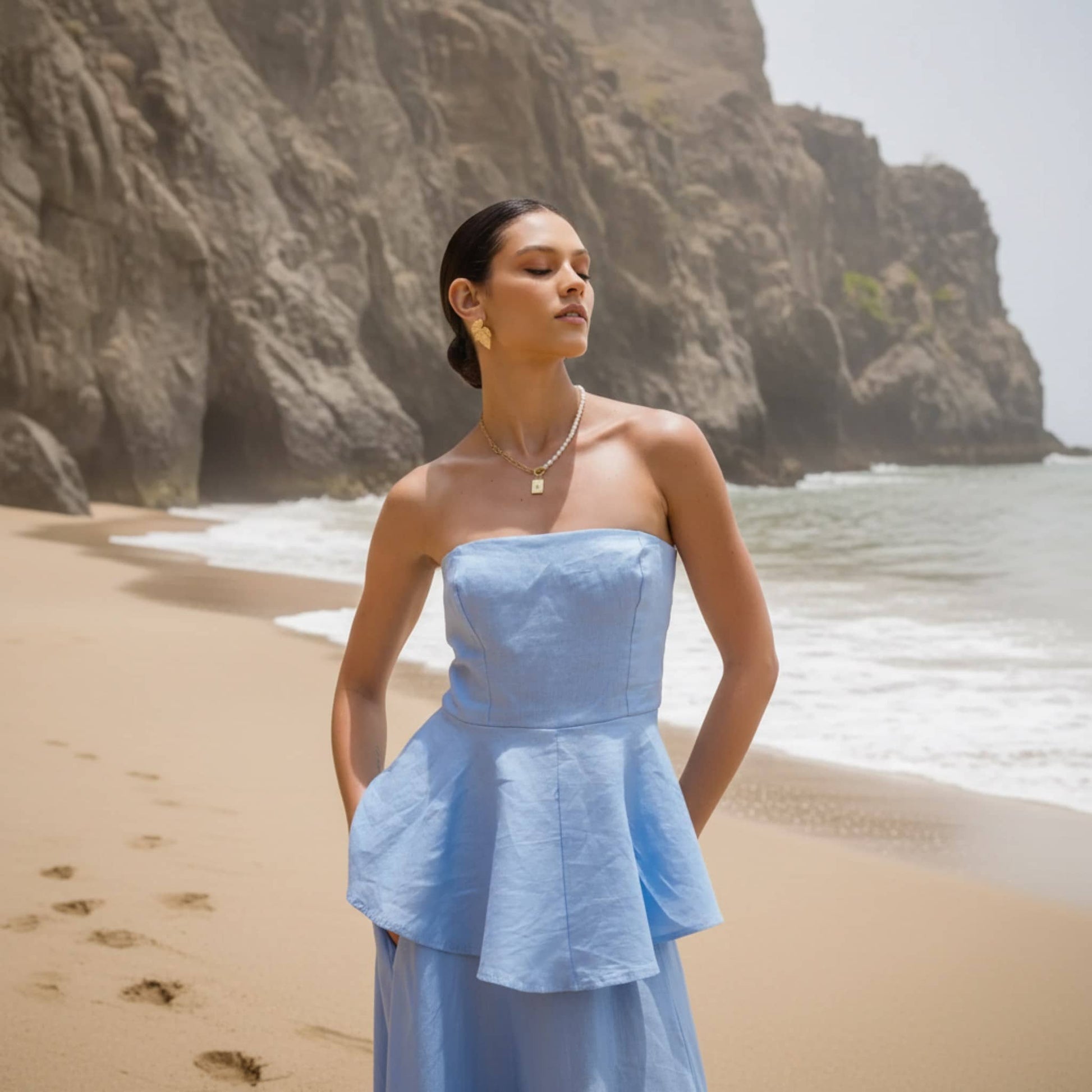 Linen Skirt Set, Strapless Linen Peplum Top And Maxi Skirt Set