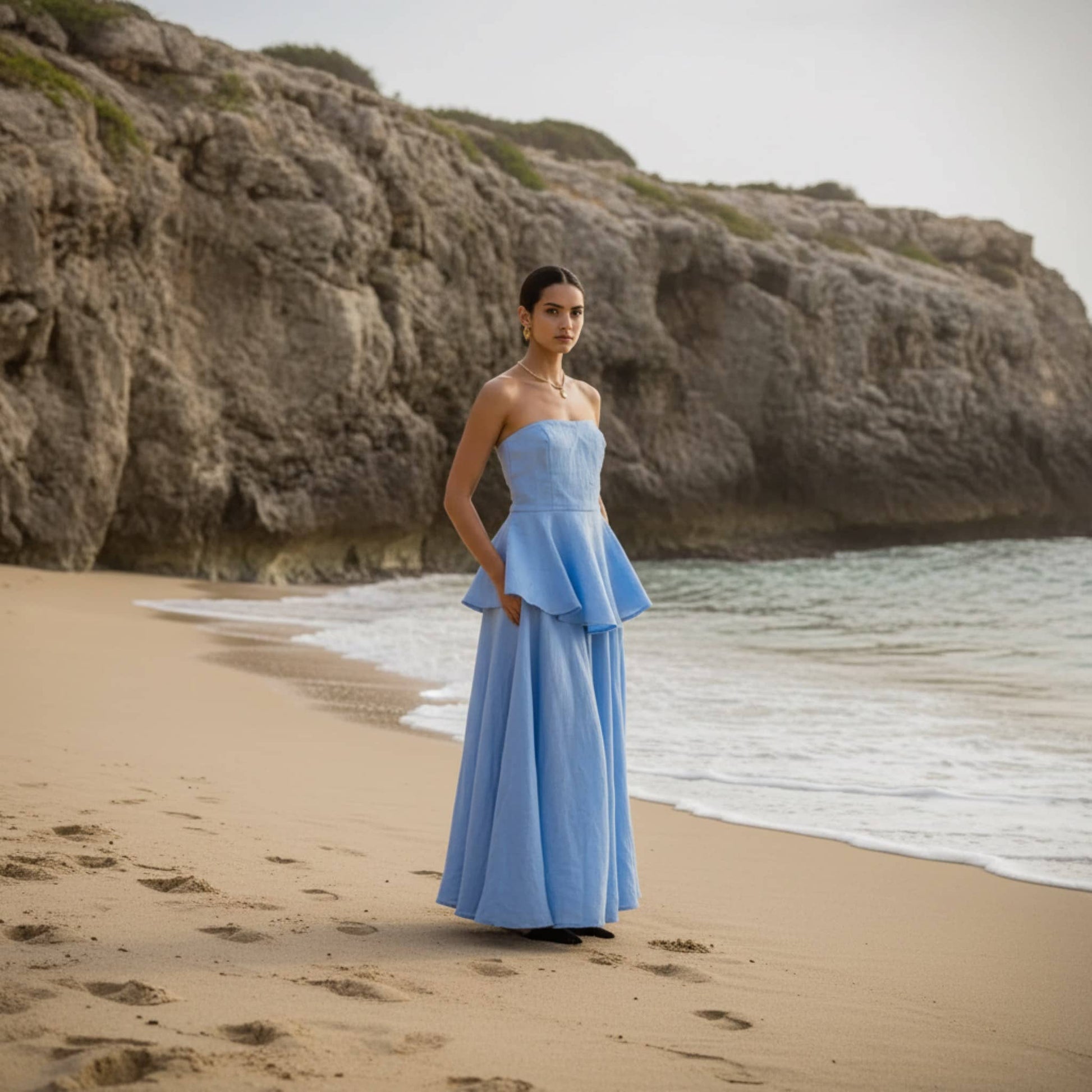 Linen Skirt Set, Strapless Linen Peplum Top And Maxi Skirt Set