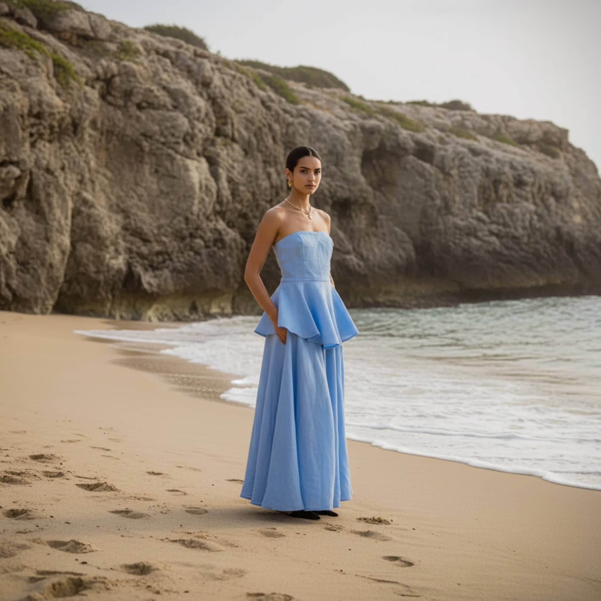 Linen Skirt Set, Strapless Linen Peplum Top And Maxi Skirt Set