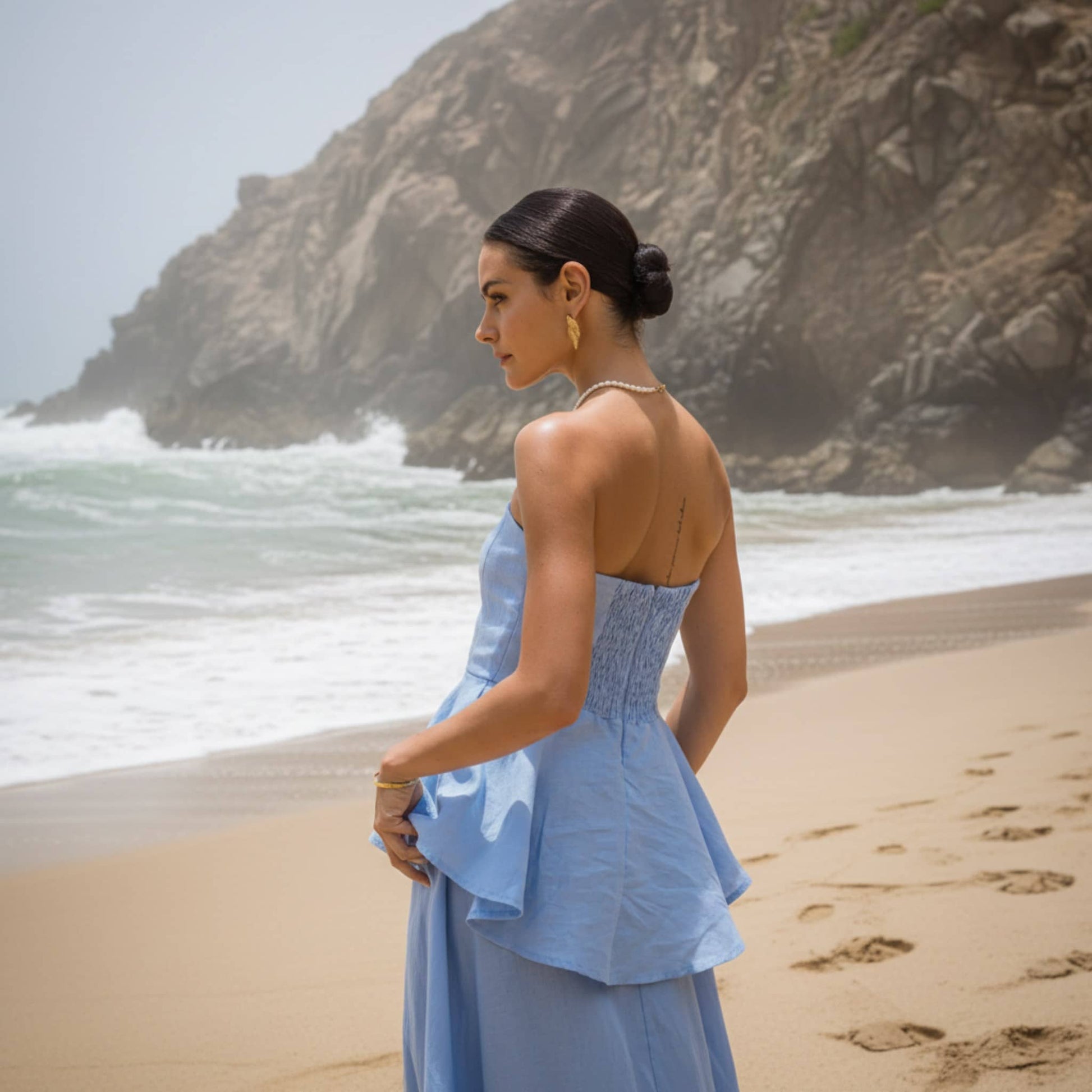 Linen Skirt Set, Strapless Linen Peplum Top And Maxi Skirt Set