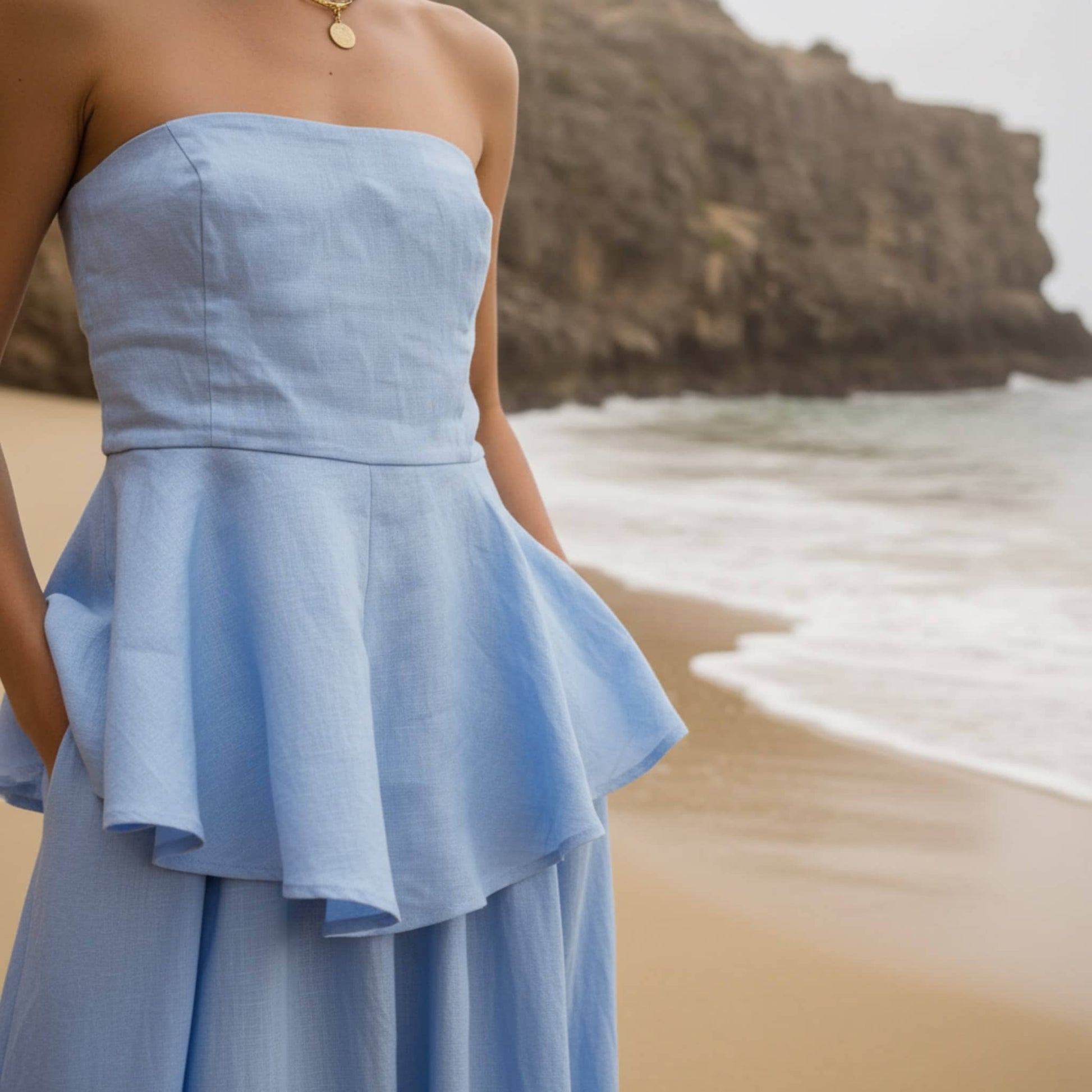 Linen Skirt Set, Strapless Linen Peplum Top And Maxi Skirt Set