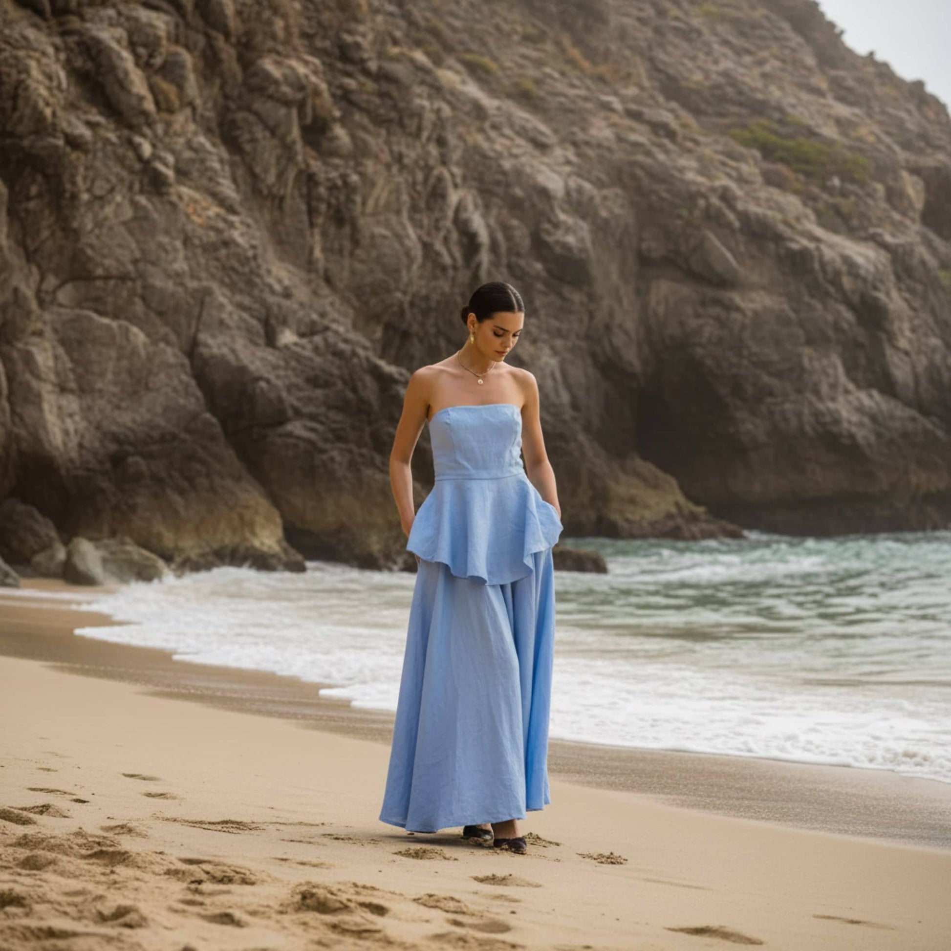 Linen Skirt Set, Strapless Linen Peplum Top And Maxi Skirt Set