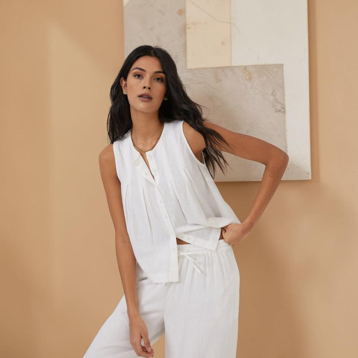 Linen Sleeveless Pleated Top, Relaxed Button Front