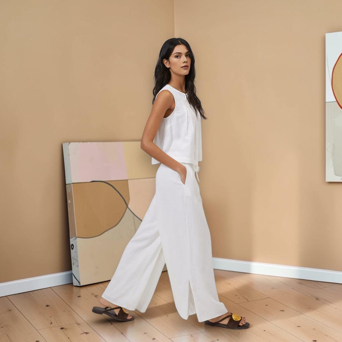 Linen Sleeveless Pleated Top, Relaxed Button Front
