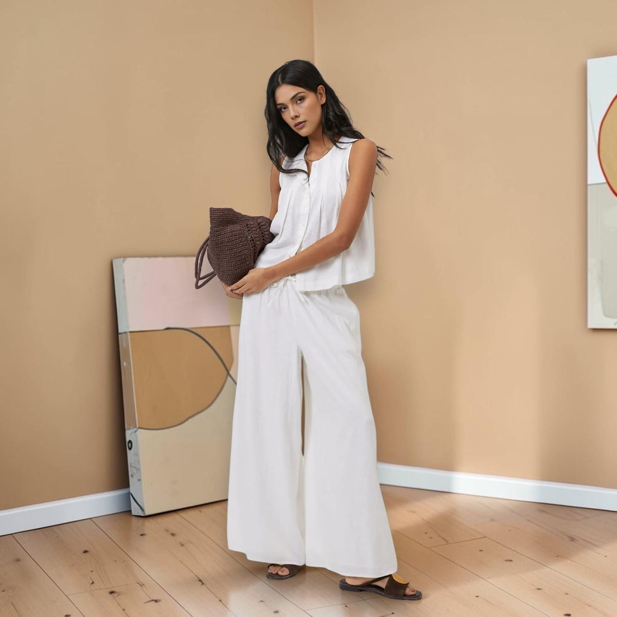 Linen Sleeveless Pleated Top, Relaxed Button Front