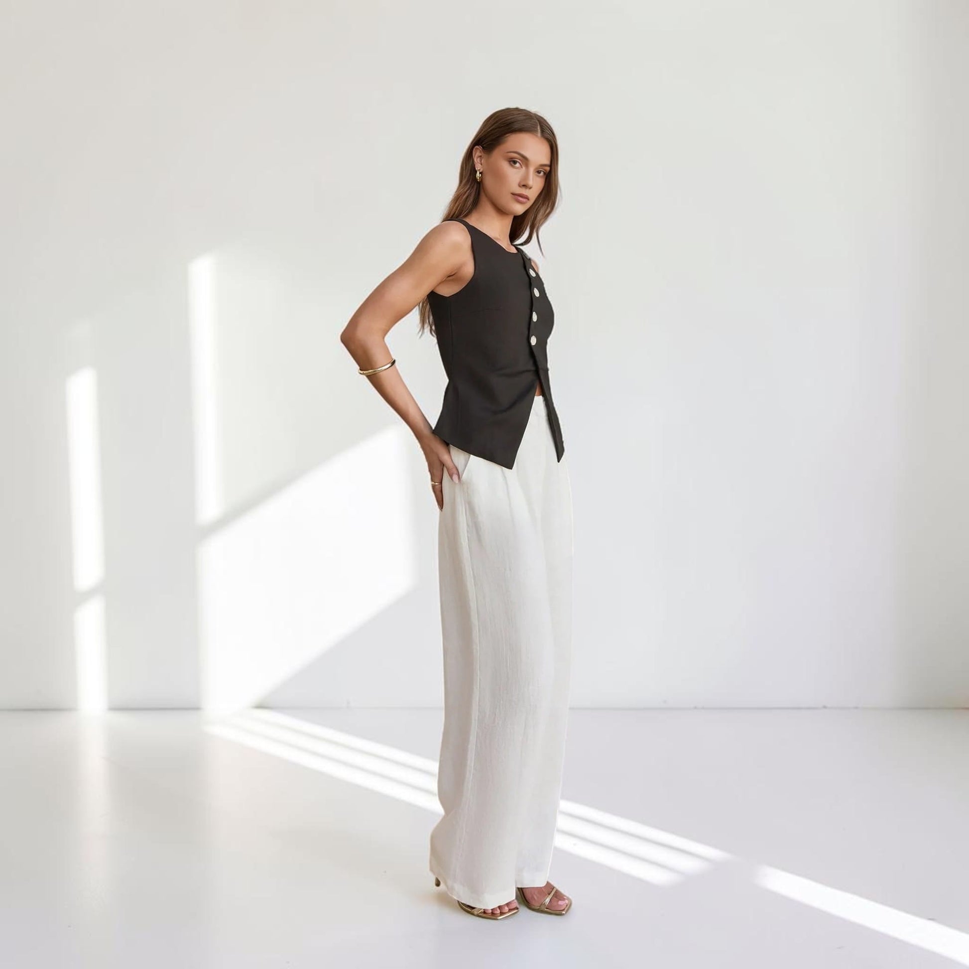 Linen Sleeveless Vest Top, Asymmetric Button