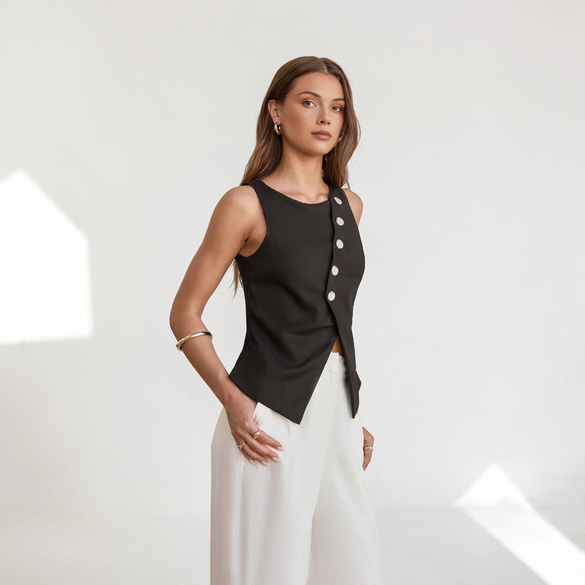 Linen Sleeveless Vest Top, Asymmetric Button