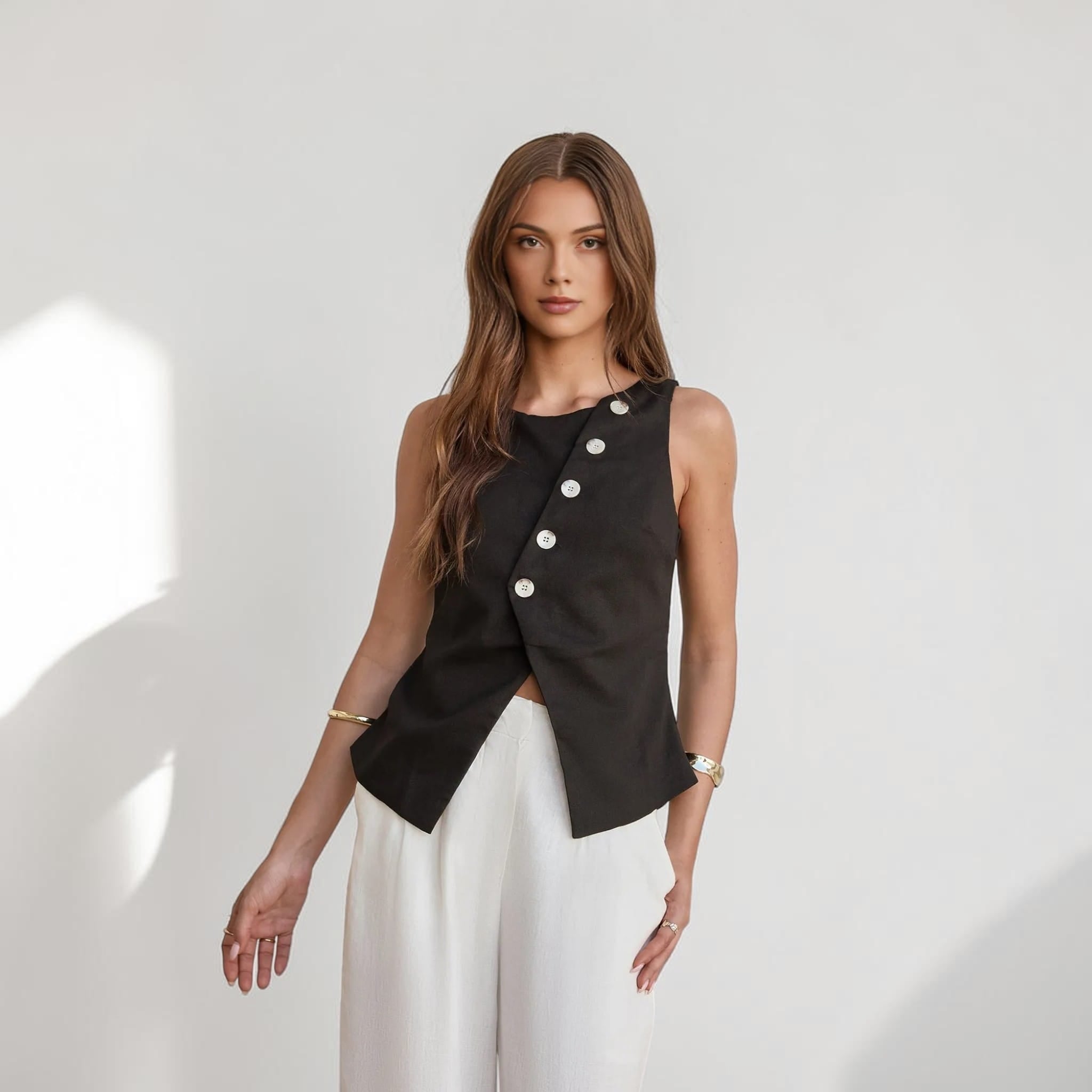 Linen Sleeveless Vest Top, Asymmetric Button