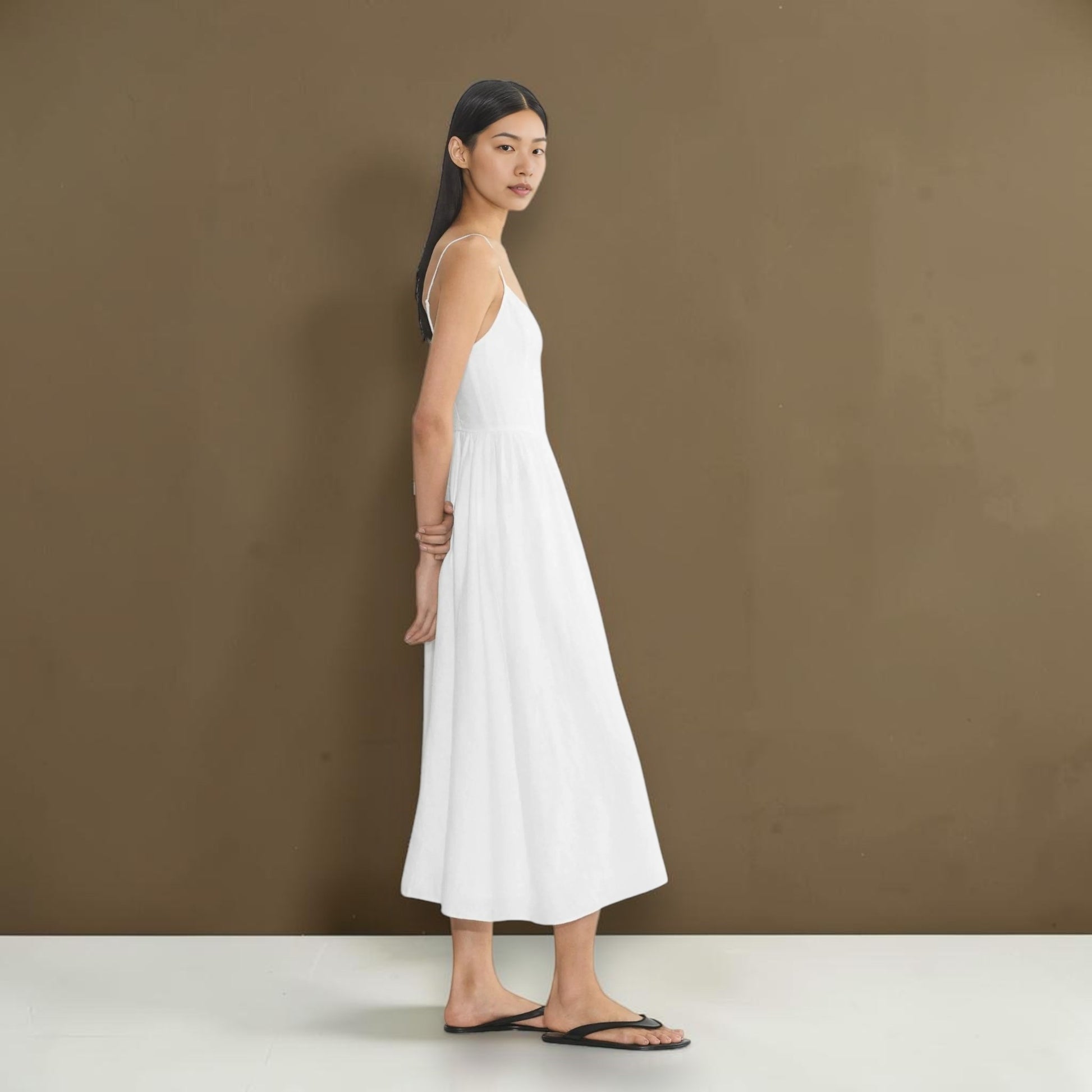 Linen Spaghetti Strap Midi Dress, V-Neck Gathered-Skirt