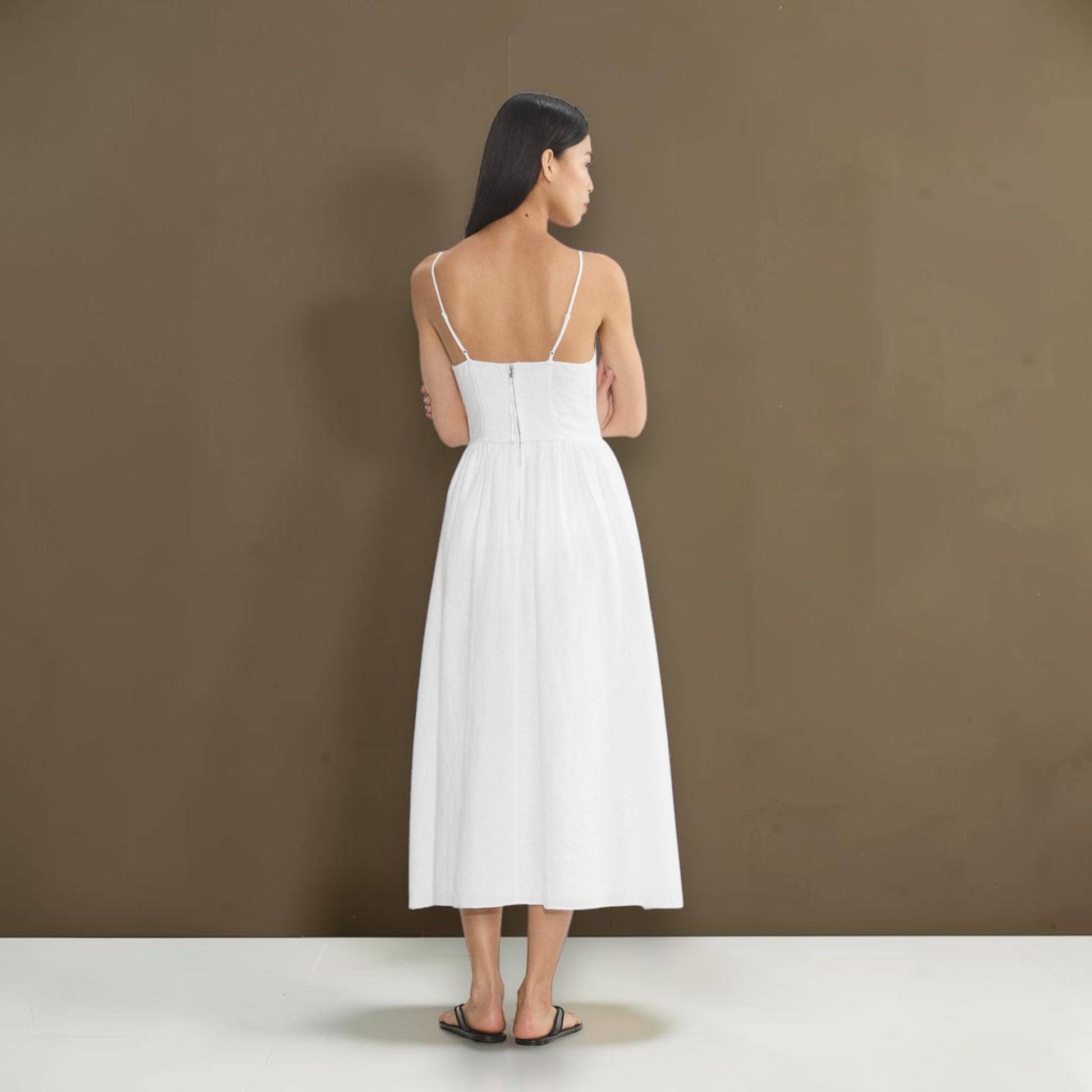 Linen Spaghetti Strap Midi Dress, V-Neck Gathered-Skirt