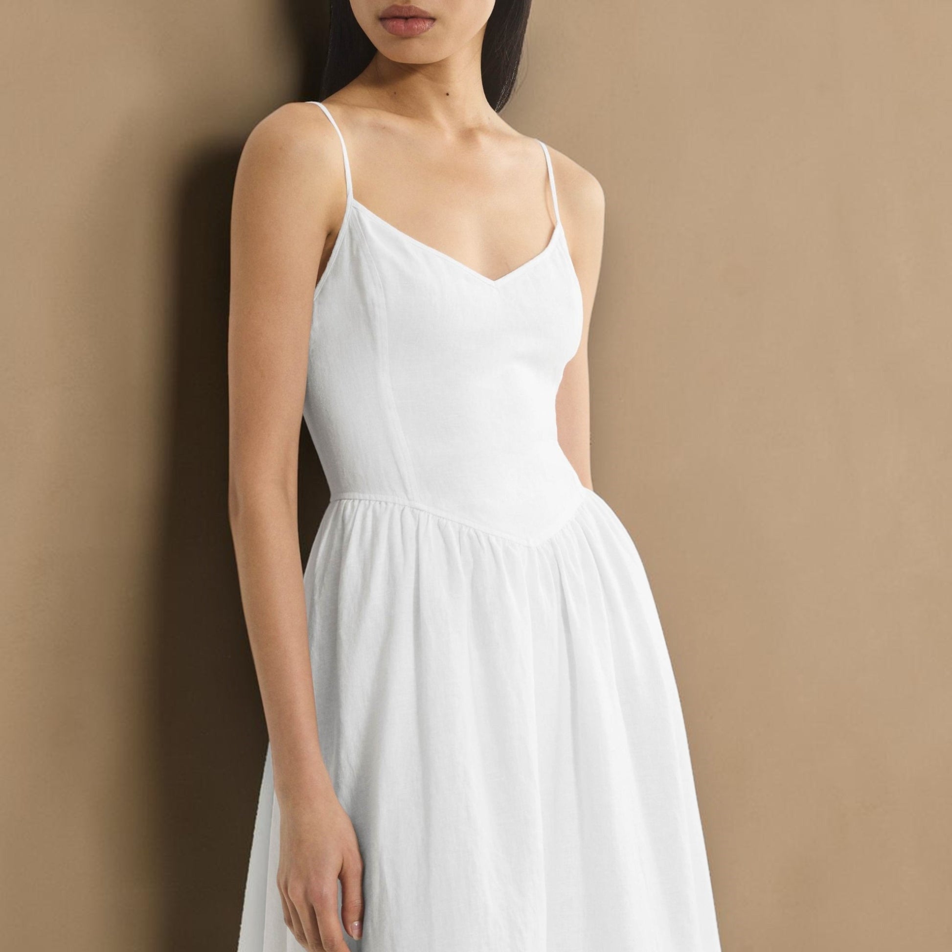 Linen Spaghetti Strap Midi Dress, V-Neck Gathered-Skirt