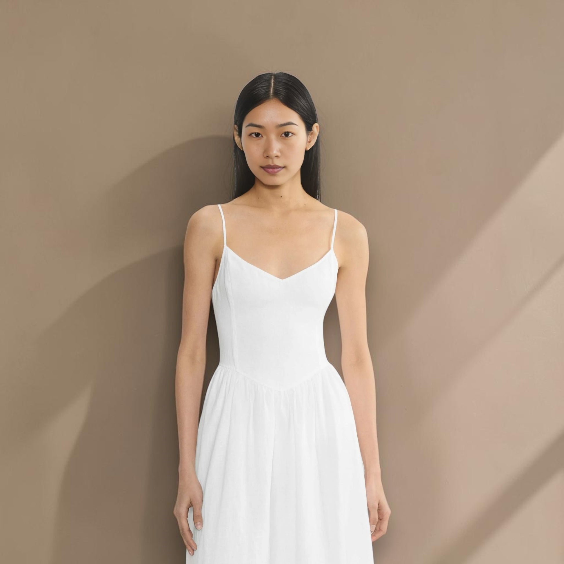 Linen Spaghetti Strap Midi Dress, V-Neck Gathered-Skirt