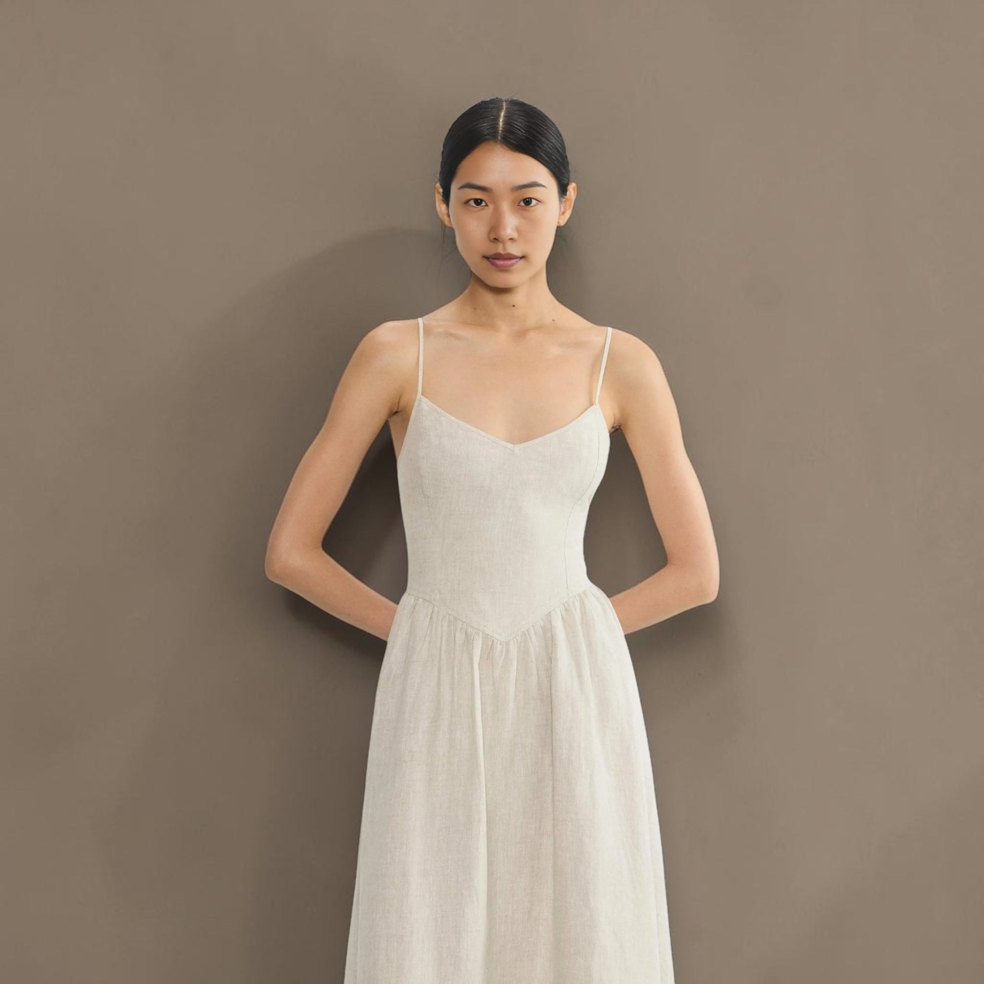 Linen Spaghetti Strap Midi Dress, V-Neck Gathered-Skirt