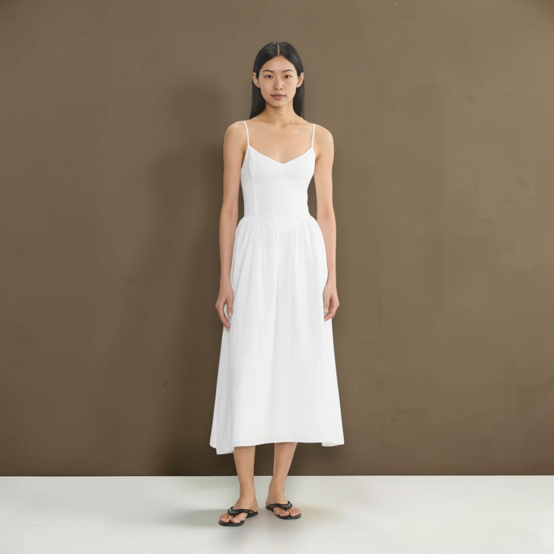 Linen Spaghetti Strap Midi Dress, V-Neck Gathered-Skirt