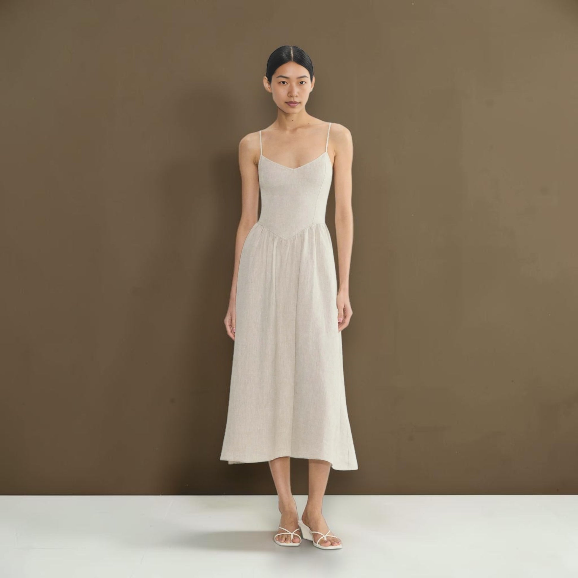 Linen Spaghetti Strap Midi Dress, V-Neck Gathered-Skirt