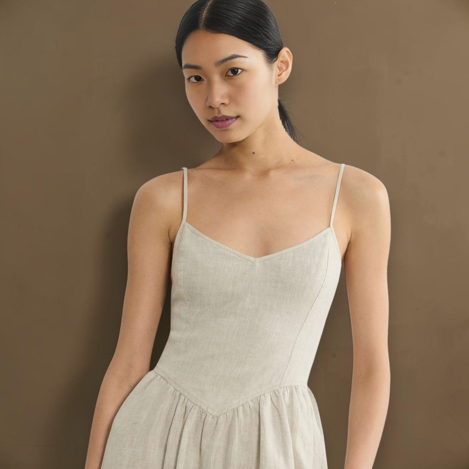 Linen Spaghetti Strap Midi Dress, V-Neck Gathered-Skirt