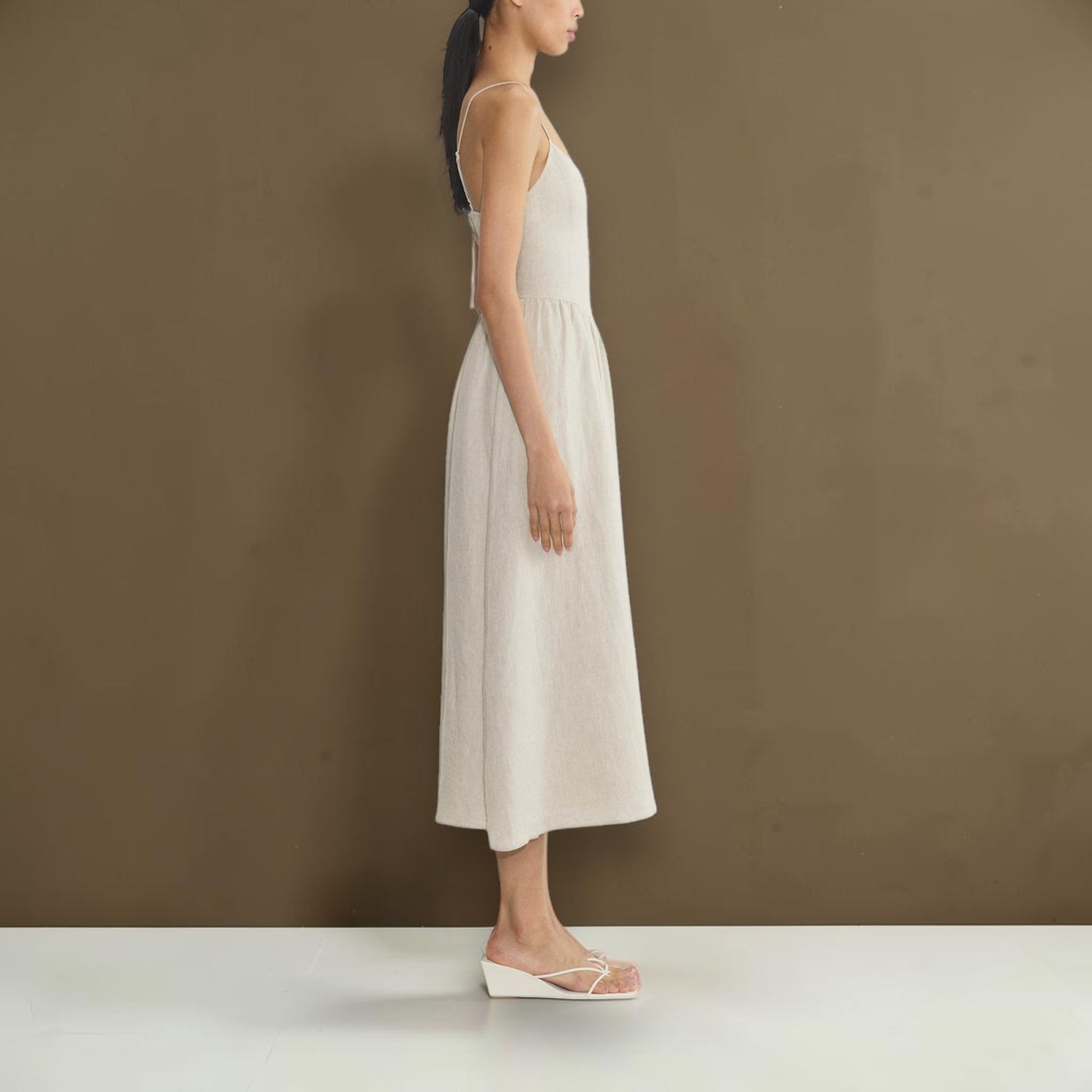 Linen Spaghetti Strap Midi Dress, V-Neck Gathered-Skirt