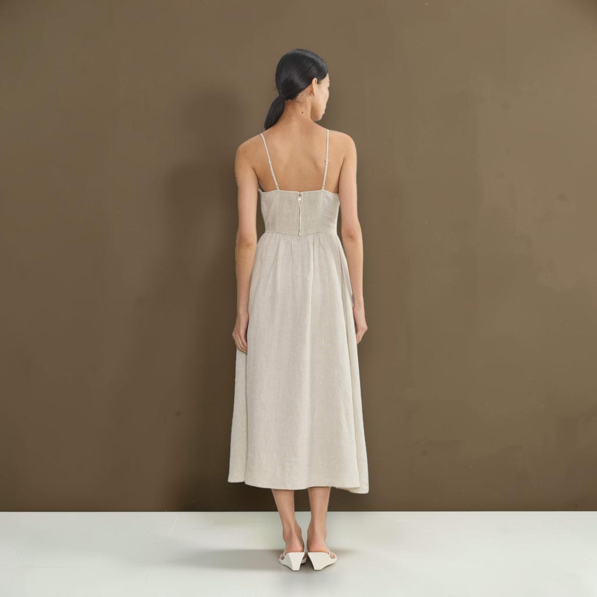 Linen Spaghetti Strap Midi Dress, V-Neck Gathered-Skirt