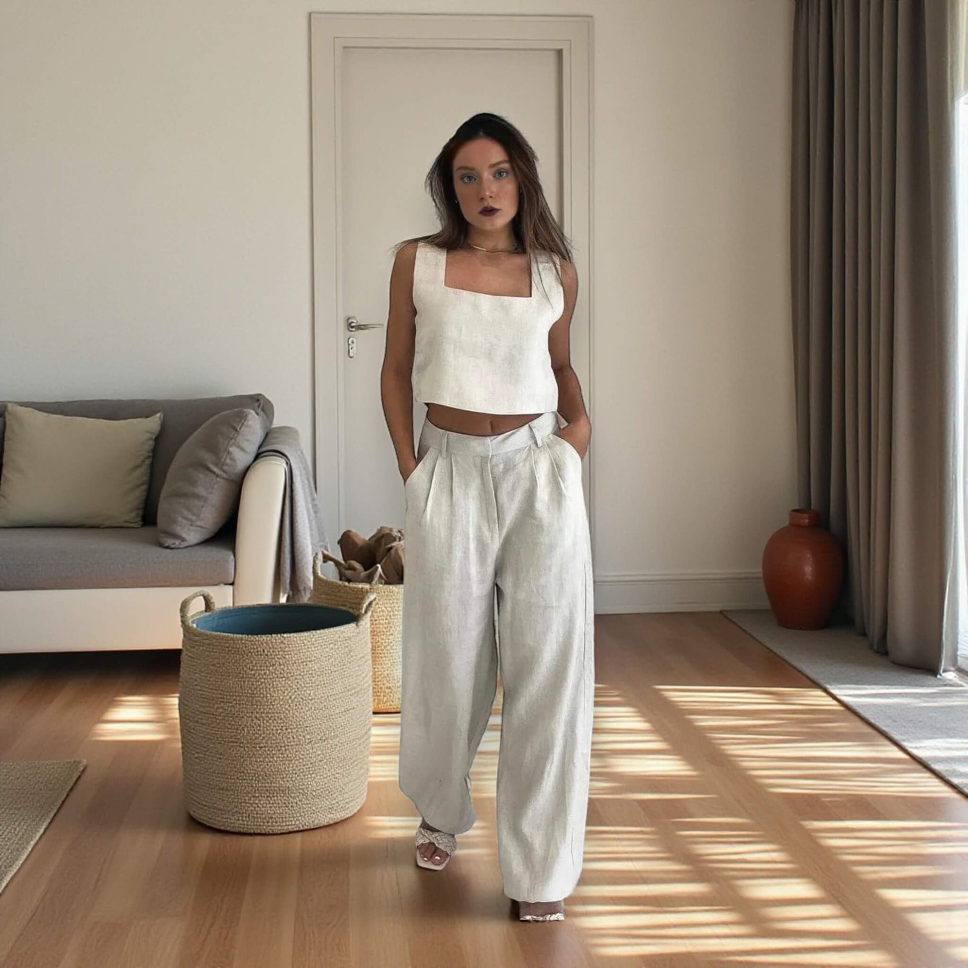 Linen Square Neck Crop Top, Sleeveless Linen Tank Top