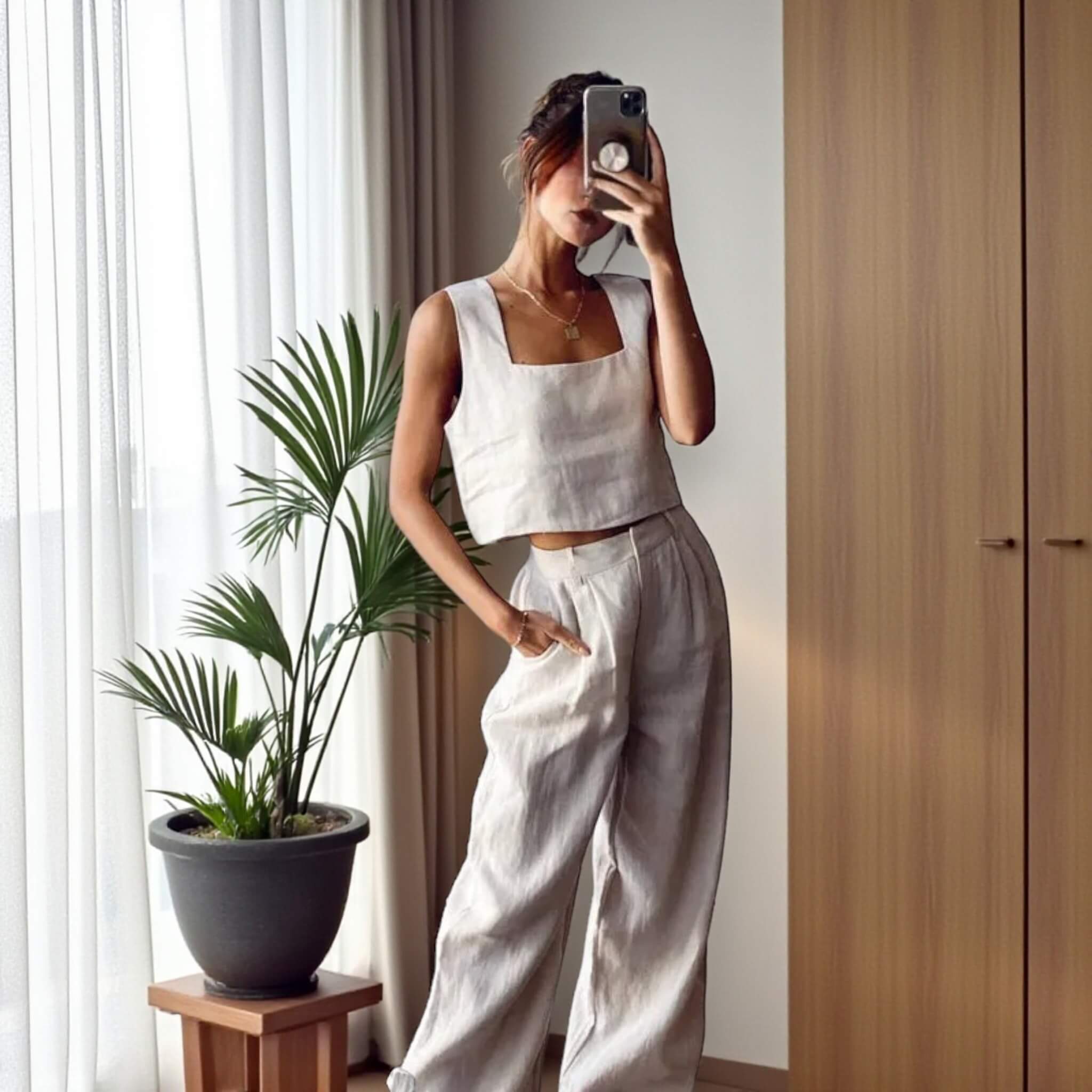 Linen Square Neck Crop Top, Sleeveless Linen Tank Top