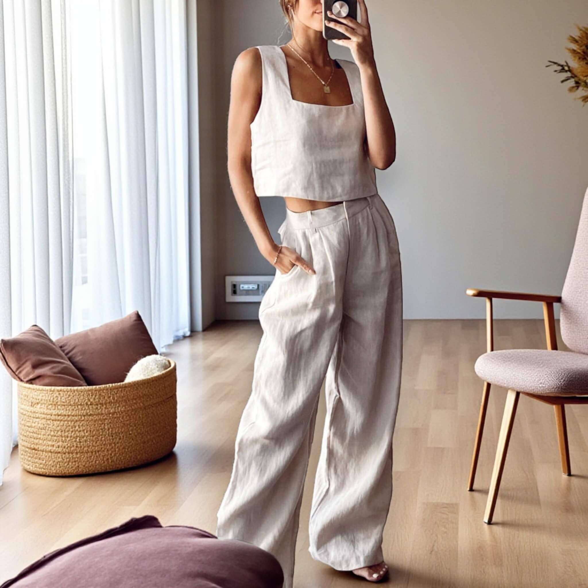 Linen Square Neck Crop Top, Sleeveless Linen Tank Top
