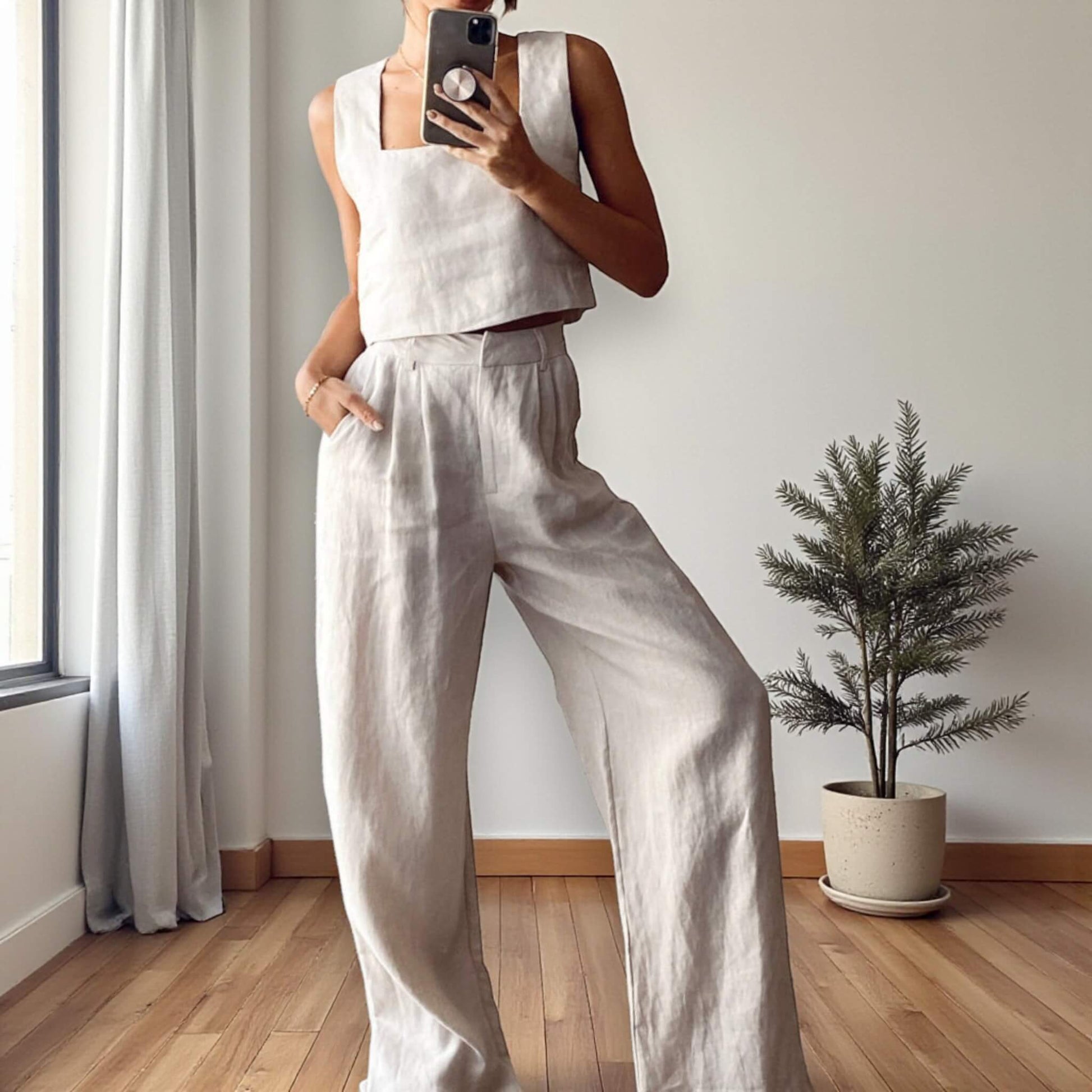 Linen Square Neck Crop Top, Sleeveless Linen Tank Top