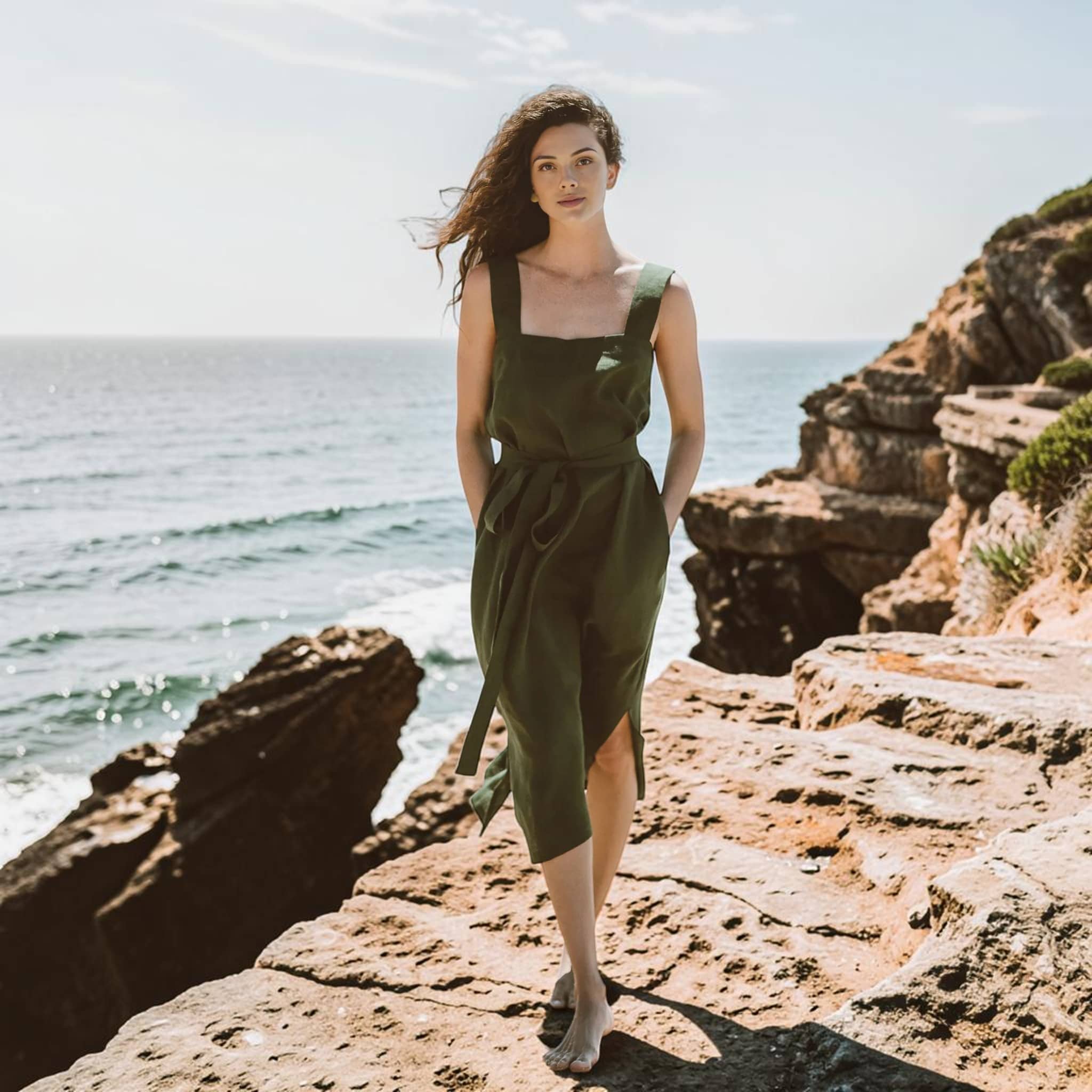 Linen Square Neck Midi Dress, Tie Waist Side Slit