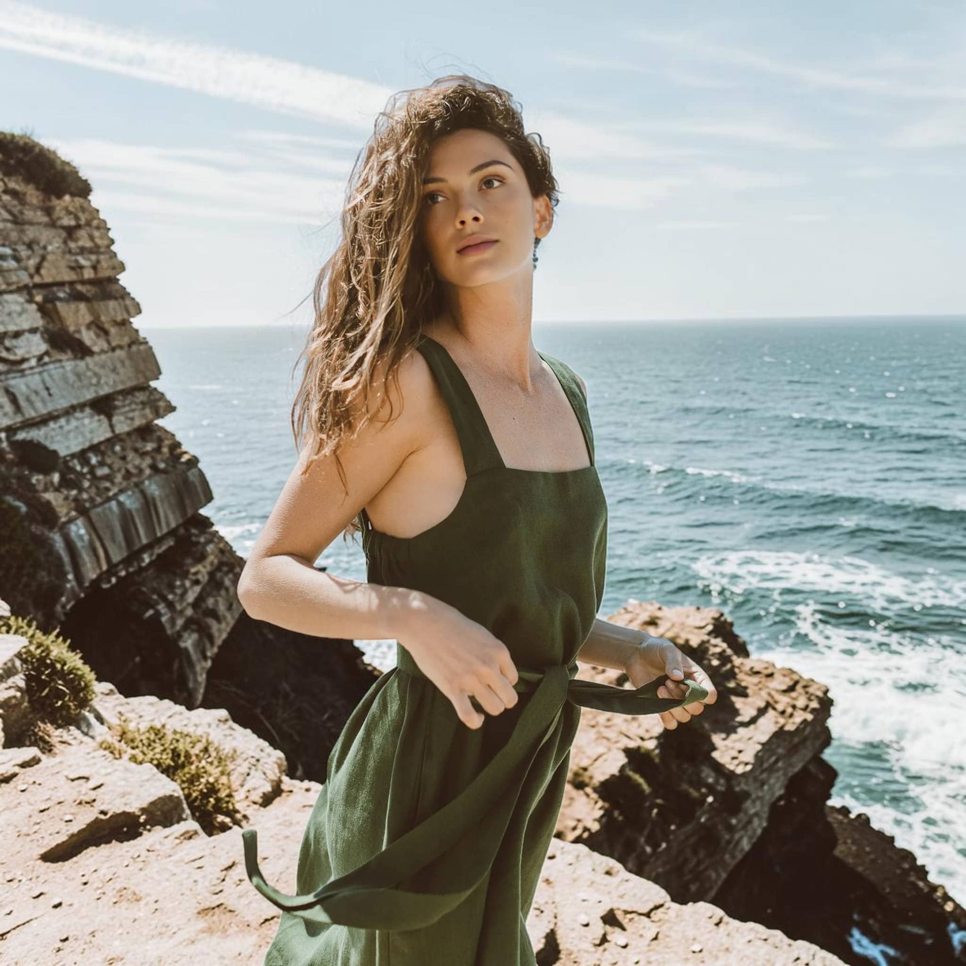 Linen Square Neck Midi Dress, Tie Waist Side Slit